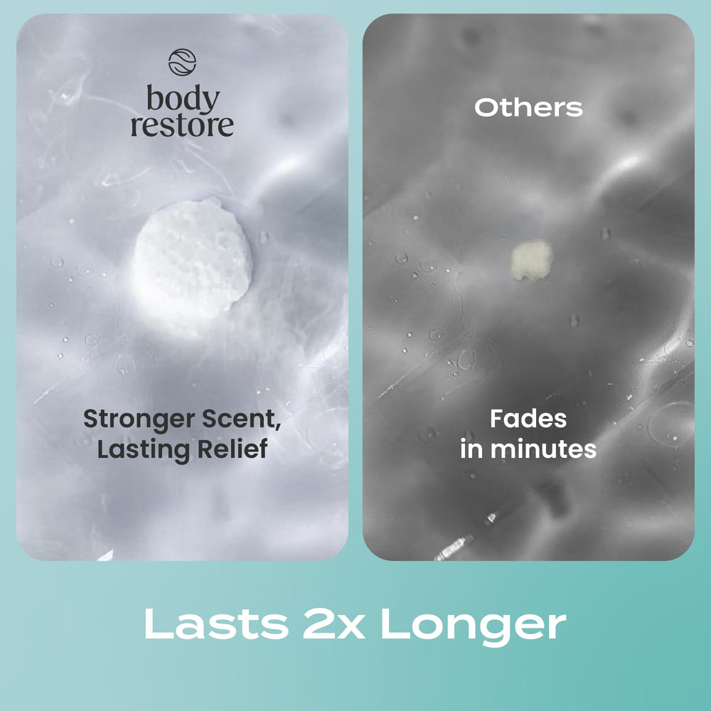 Body Restore stress-relief shower bombs in bathroom offering quick mood lift.
