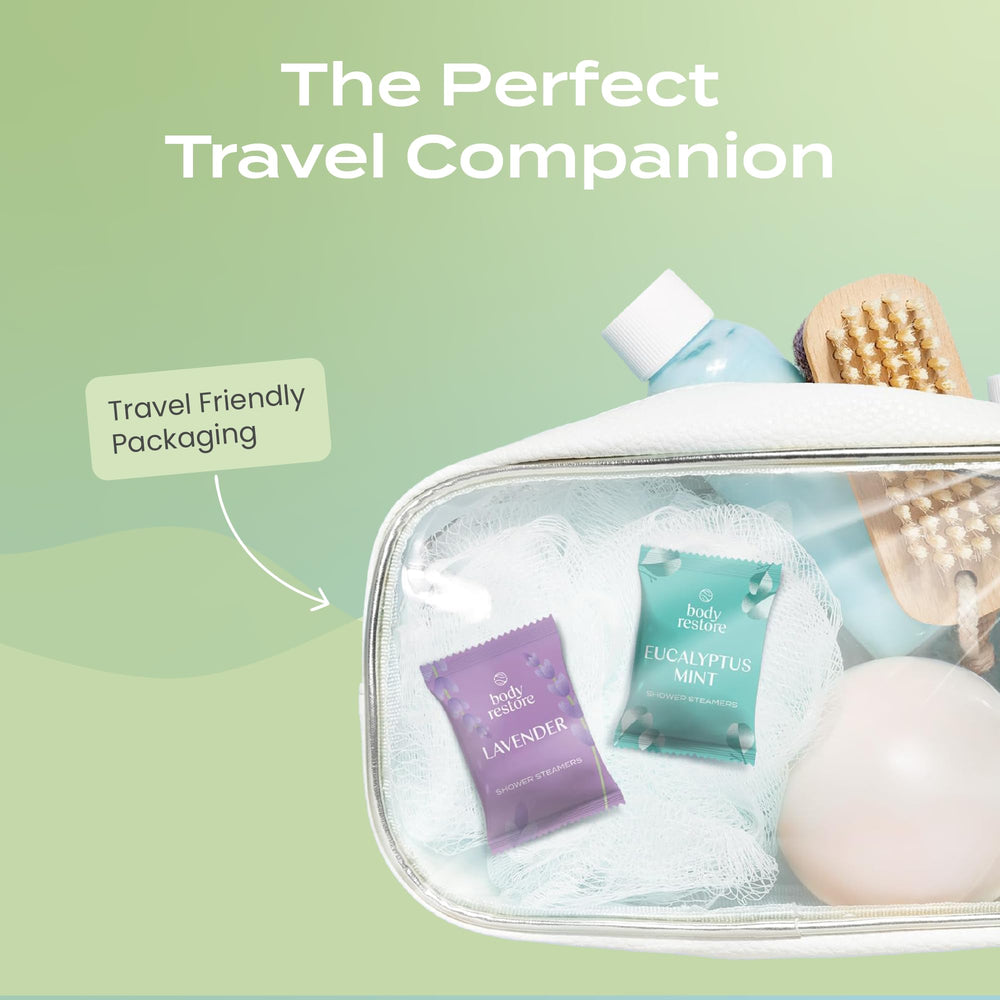 Body Restore tea tree collection closeup promoting spa-like routines at home.