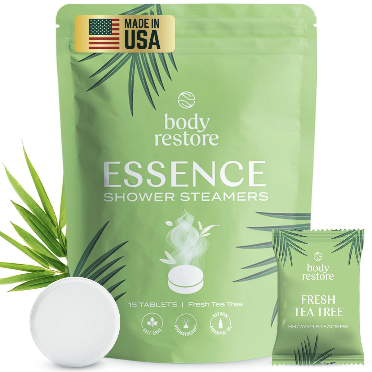 Body Restore tea tree shower steamer pack dissolves for a calming, spa-like morning.