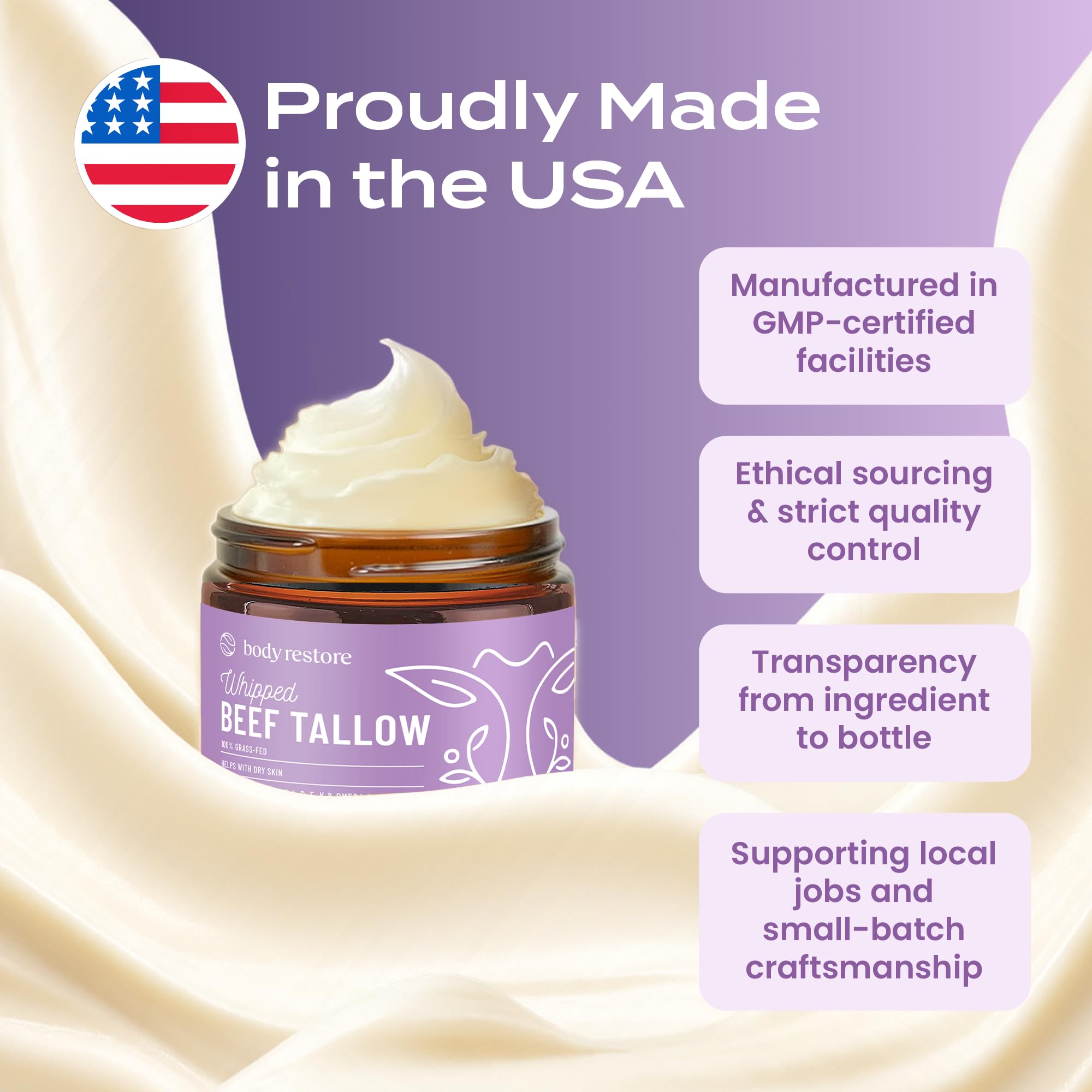 Body Restore USA-made balm with grass-fed tallow, Manuka honey, and jojoba