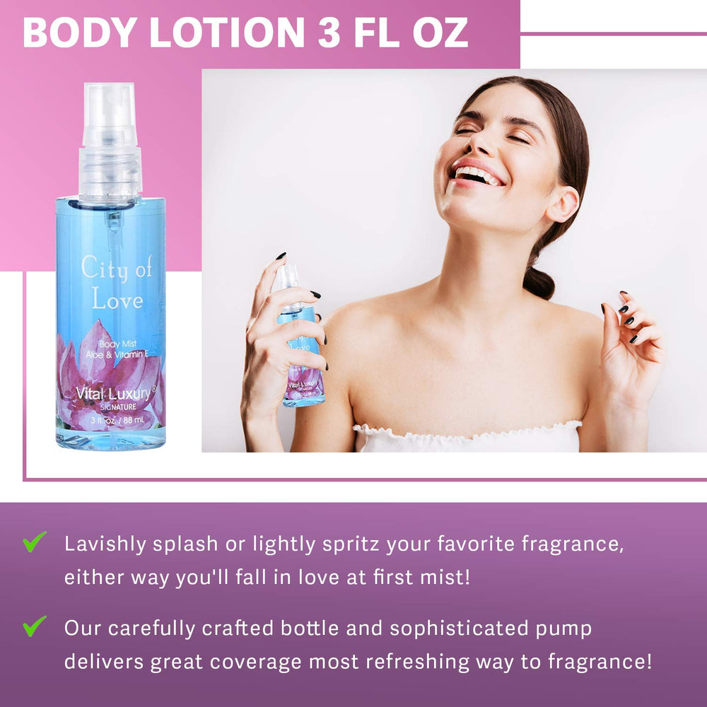 Bodybeau City of Love Gift Set Ingredients Card - aloe vera, chamomile and vitamin E for gentle care.