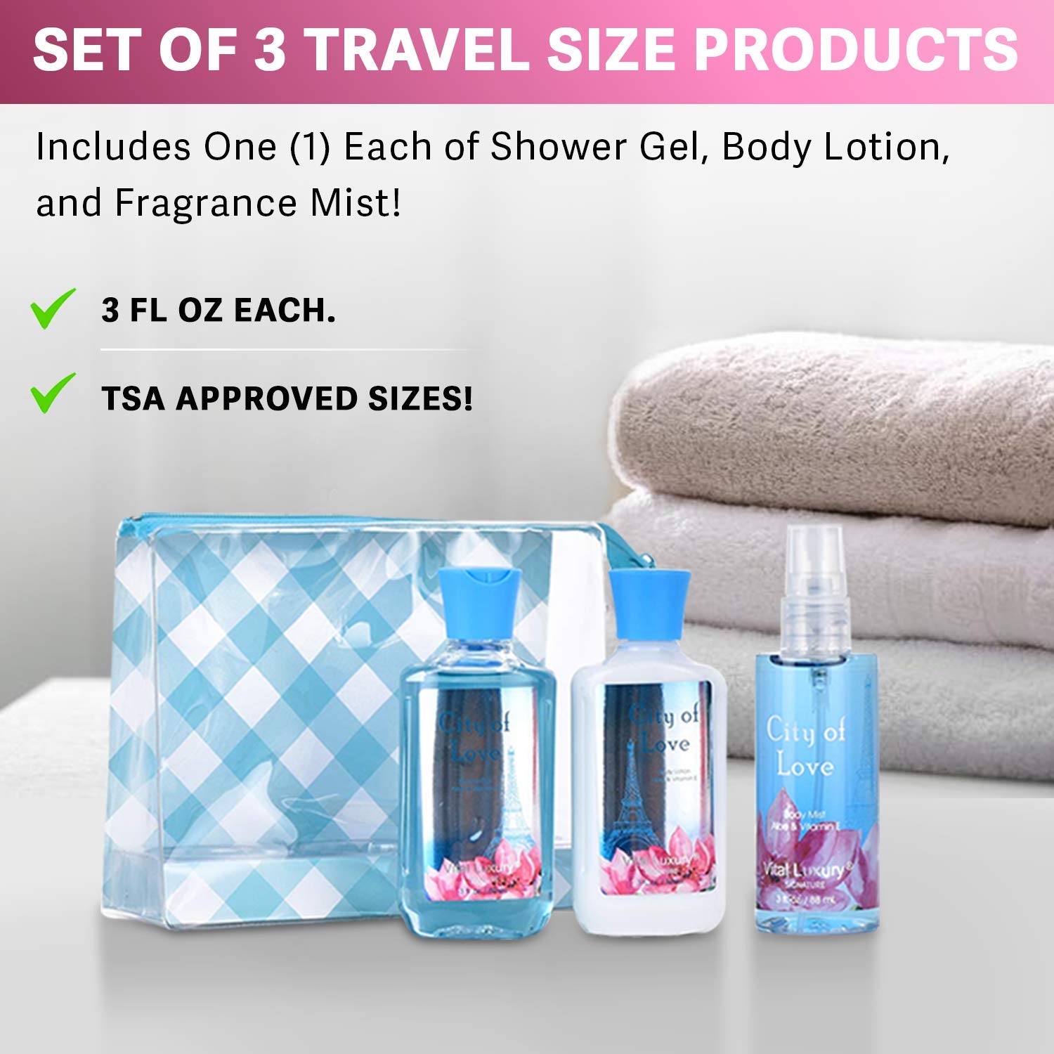 Bodybeau City of Love Gift Set Scent Swirls - vanilla, jasmine and rose evoke a romantic spa moment.