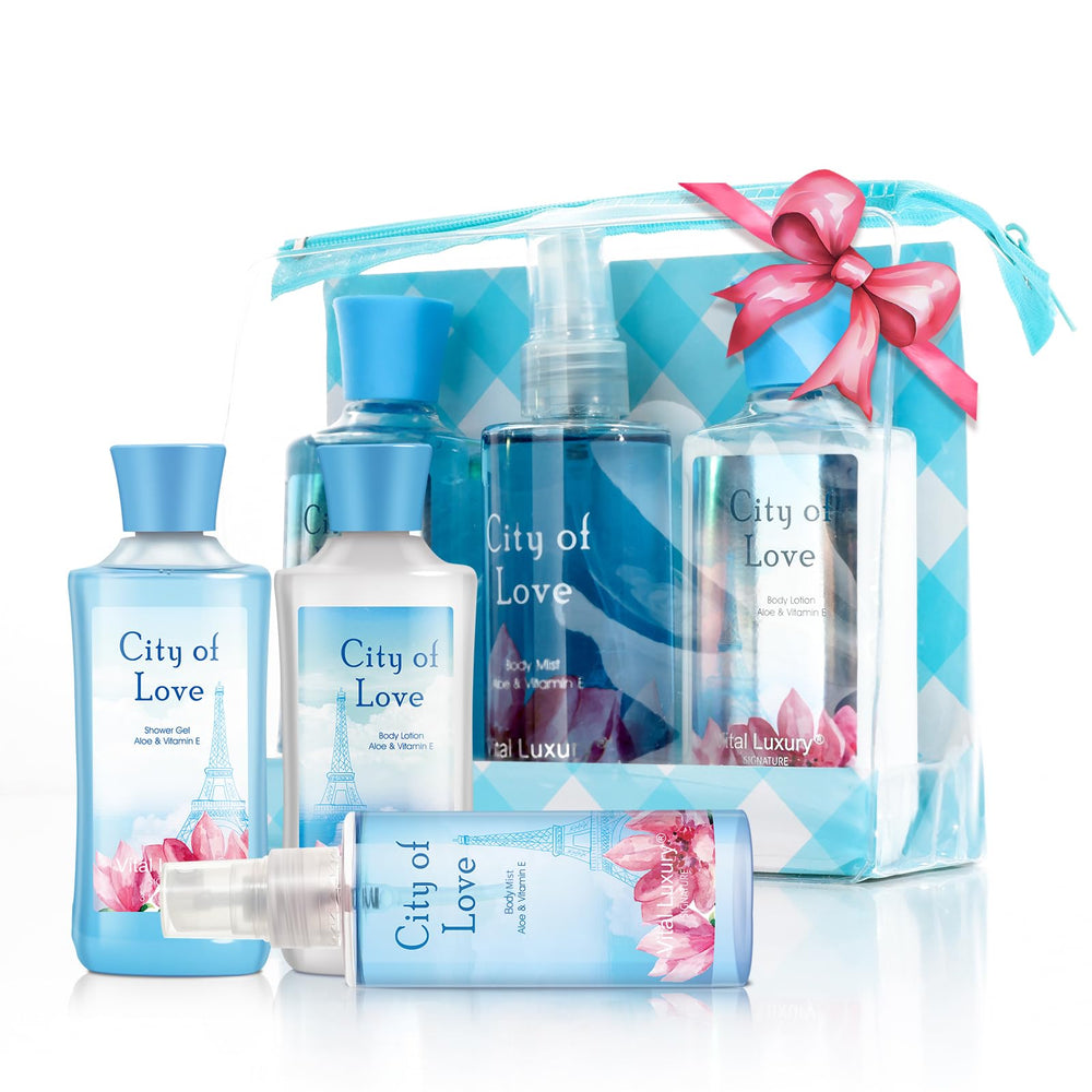 Bodybeau City of Love Gift Set Shower Gel Bottle - nourishing cleanse with vanilla-rose aroma.