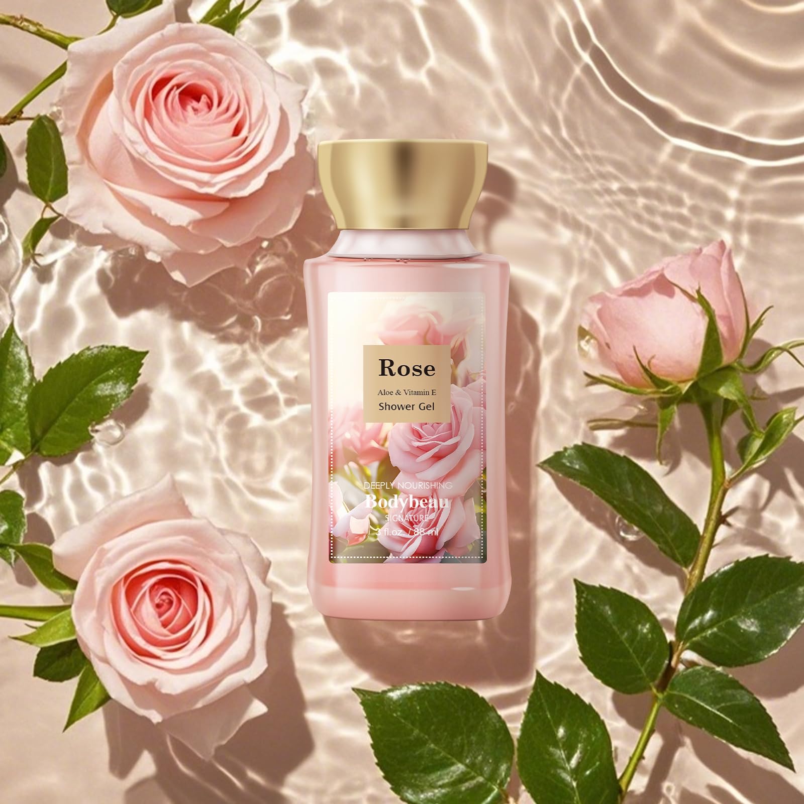 Bodybeau rose body lotion squeeze bottle emphasizing hydration and soft skin after bath.
