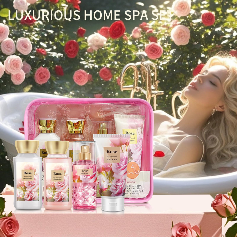Bodybeau rose collection display on shelf demonstrating versatile skincare routine.