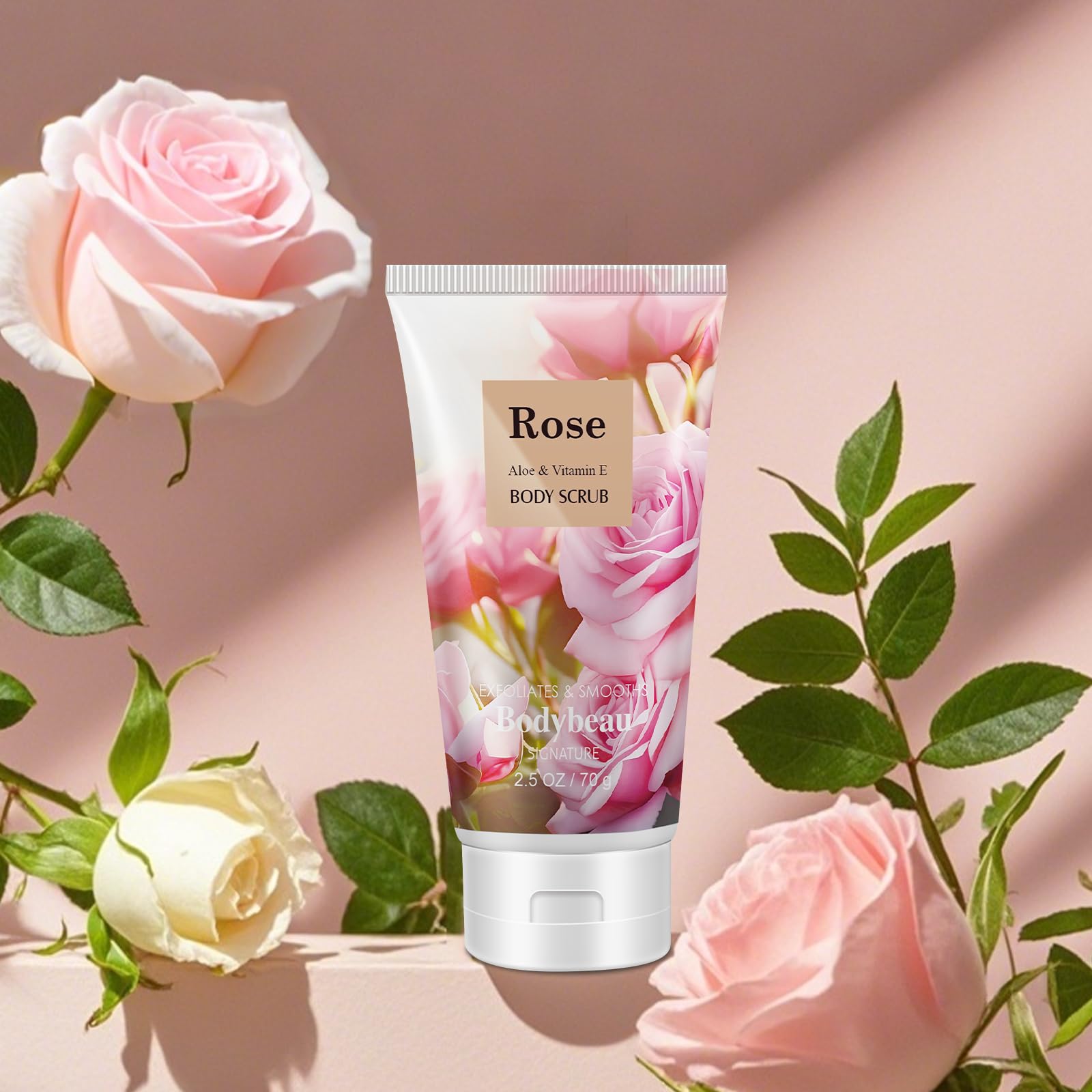 Bodybeau rose exfoliating scrub jar displaying texture for gentle polishing.