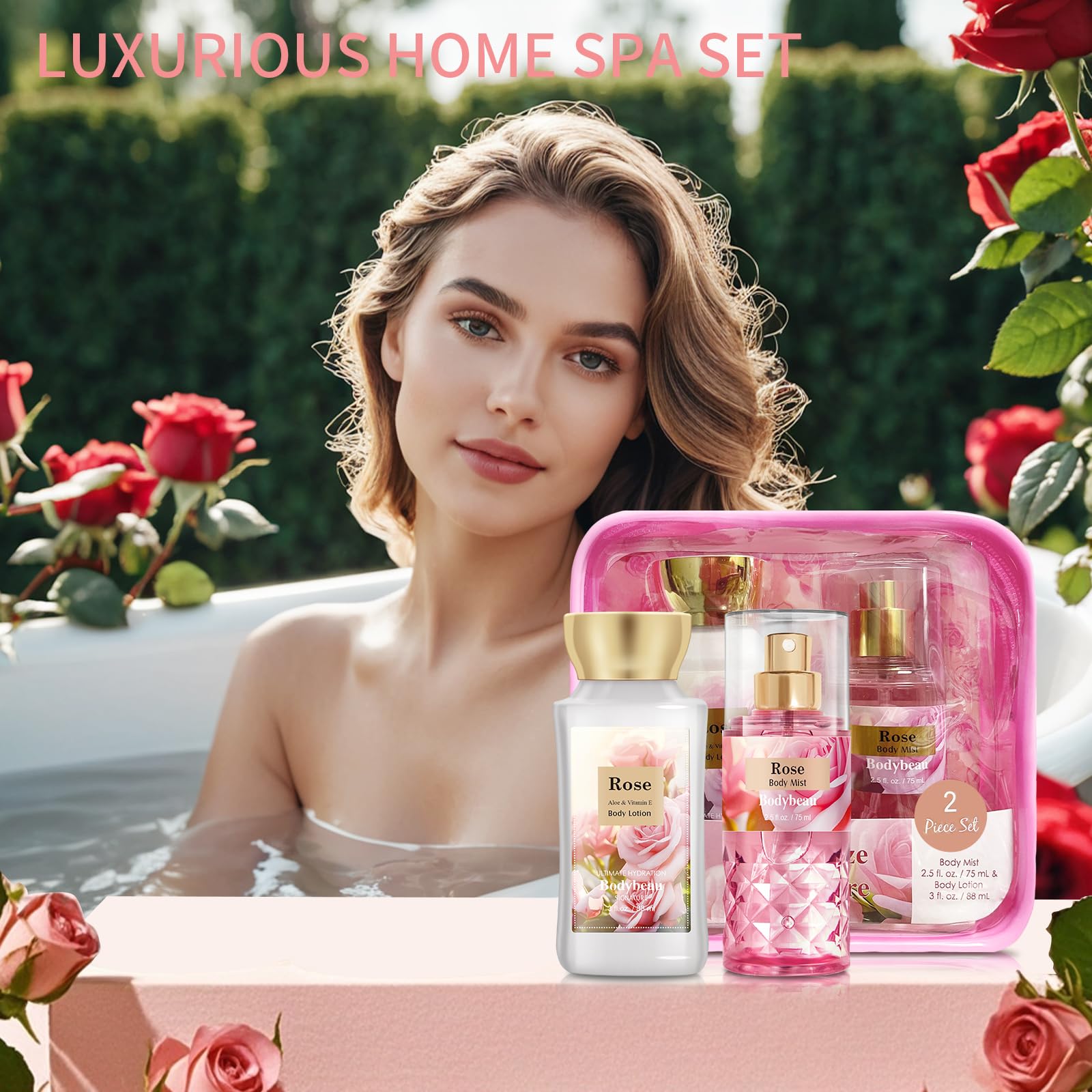BodyBeau Rose Shower Gel bottle close-up emphasizing premium packaging