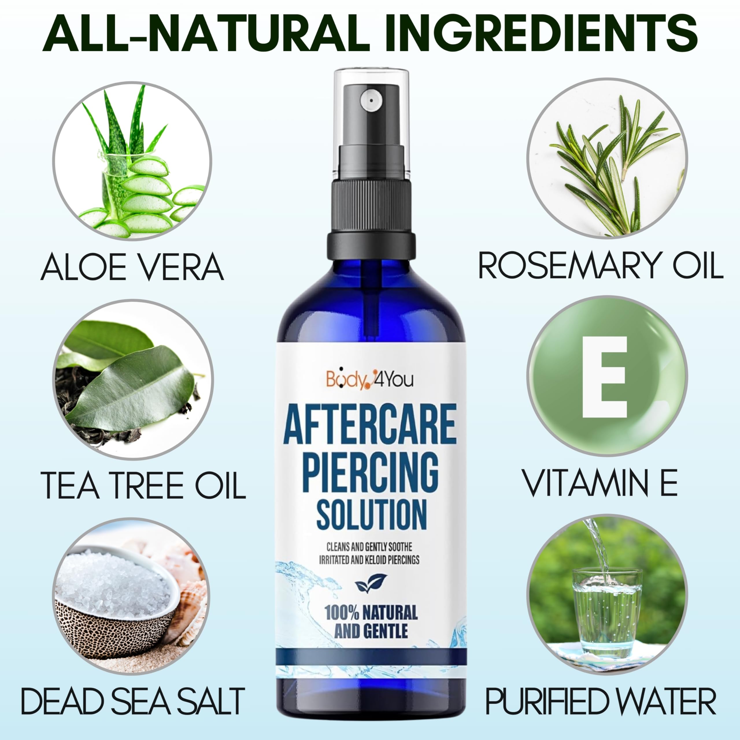 BodyJ4You piercing aftercare spray mist on skin promotes clean healing
