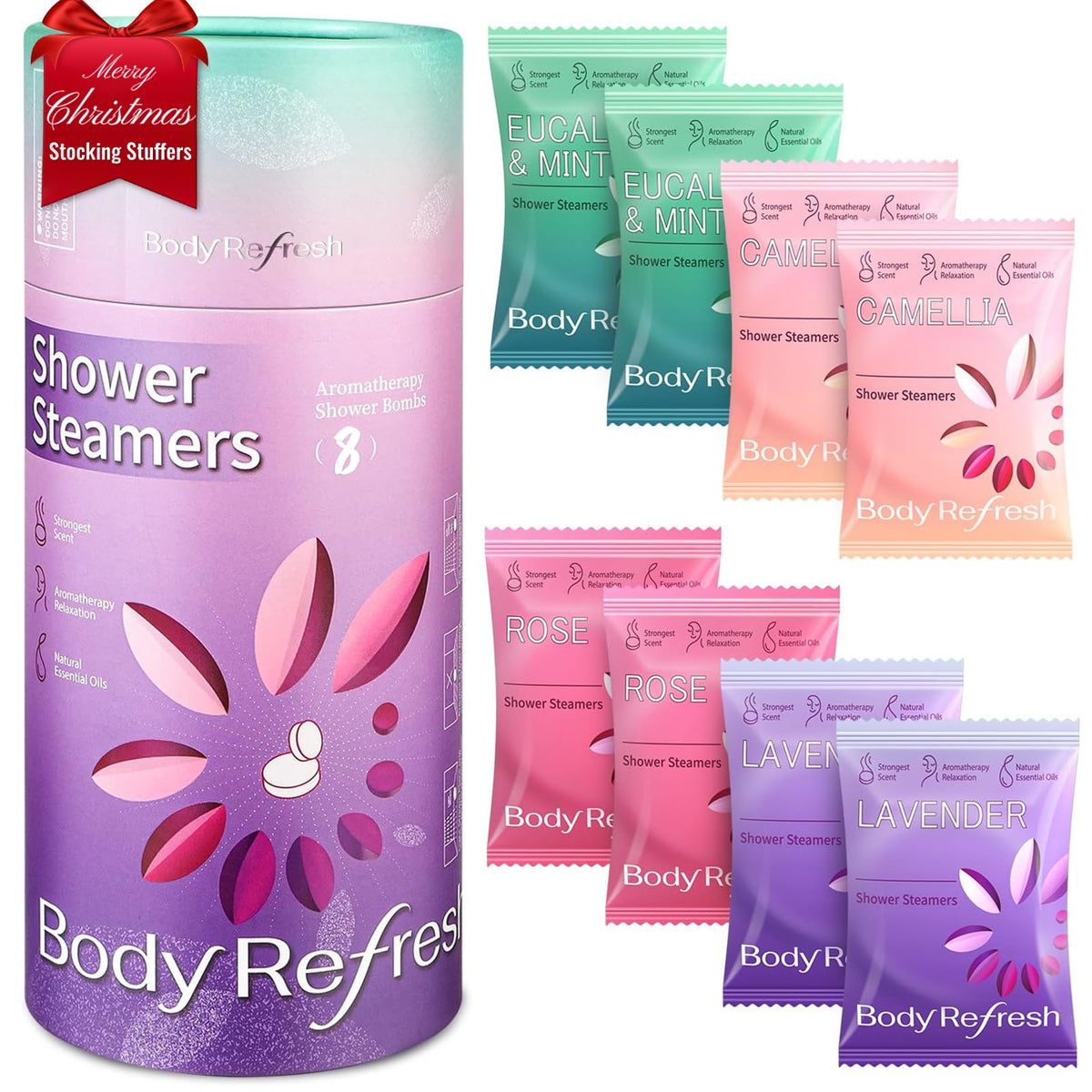 BodyRefresh shower steamers 8-pack display encourages a spa-like home ritual.