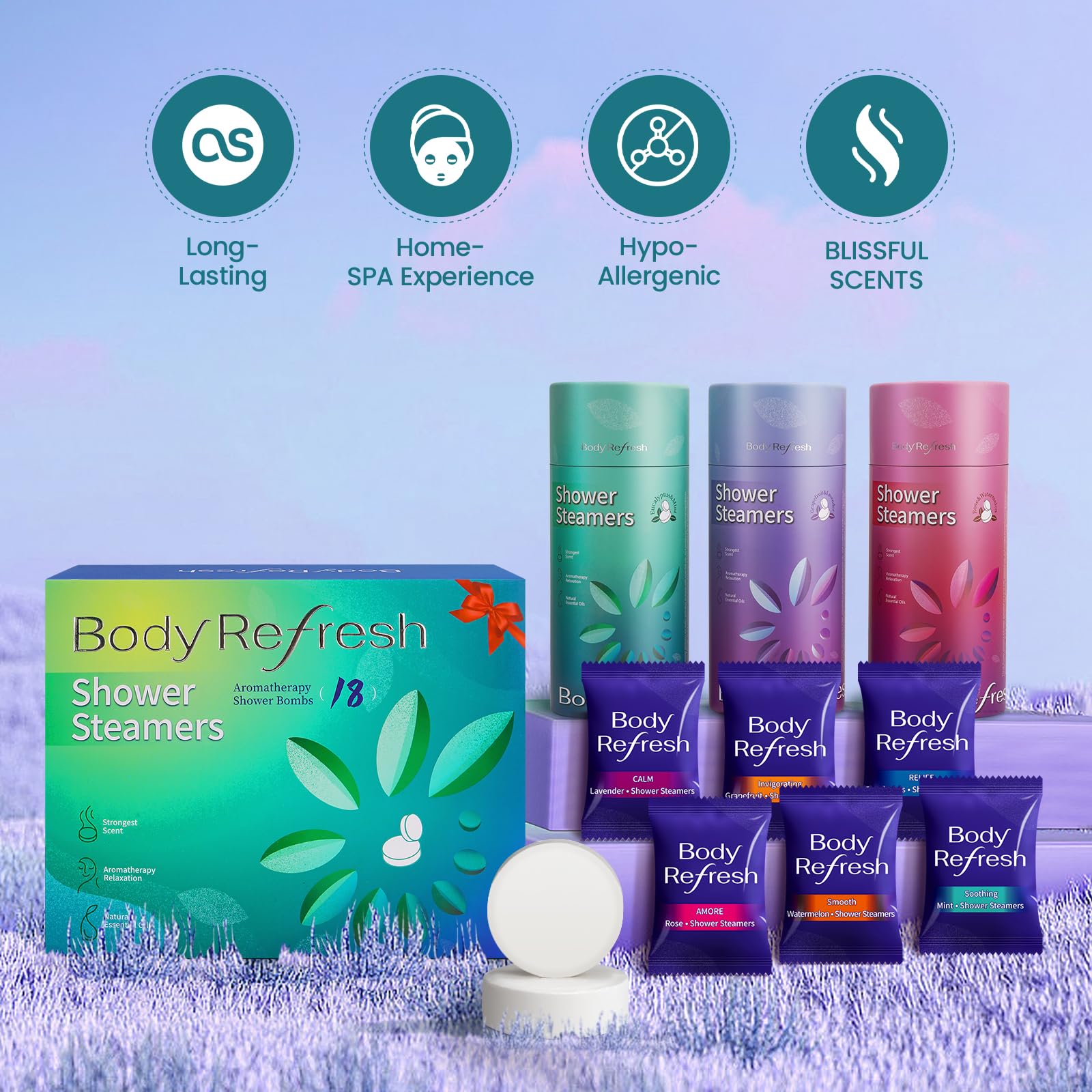 BodyRefresh spa-like shower scene with rising steam for a relaxing morning routine.