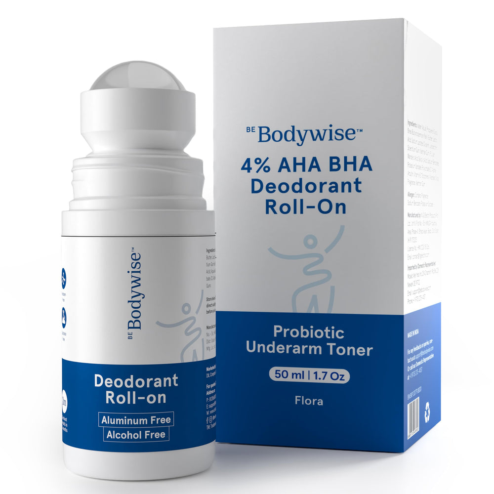 Bodywise Deodorant Roll-On packaging highlights aluminum-free formula and floral scent.