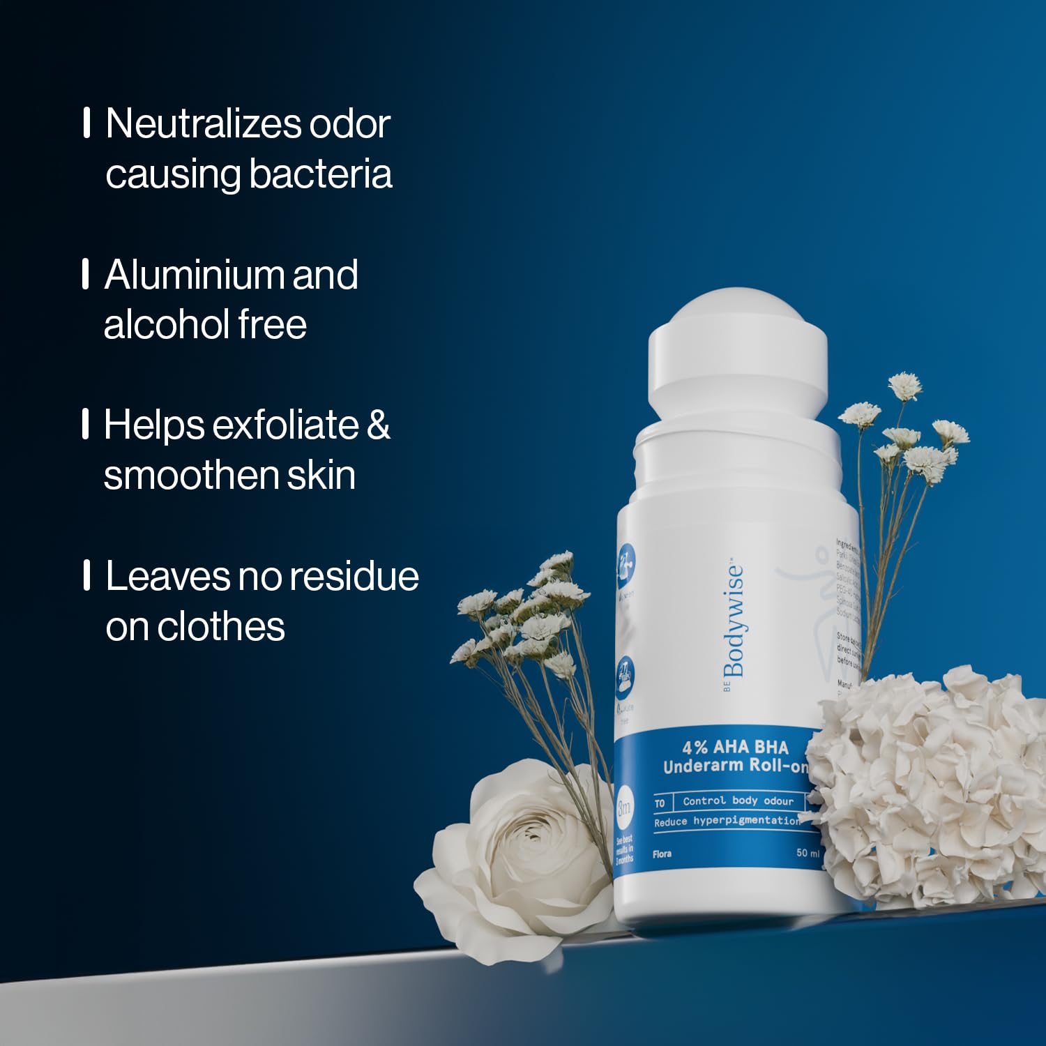 Bodywise ingredients close-up highlights AHA/BHA blend with lactic and mandelic acids.