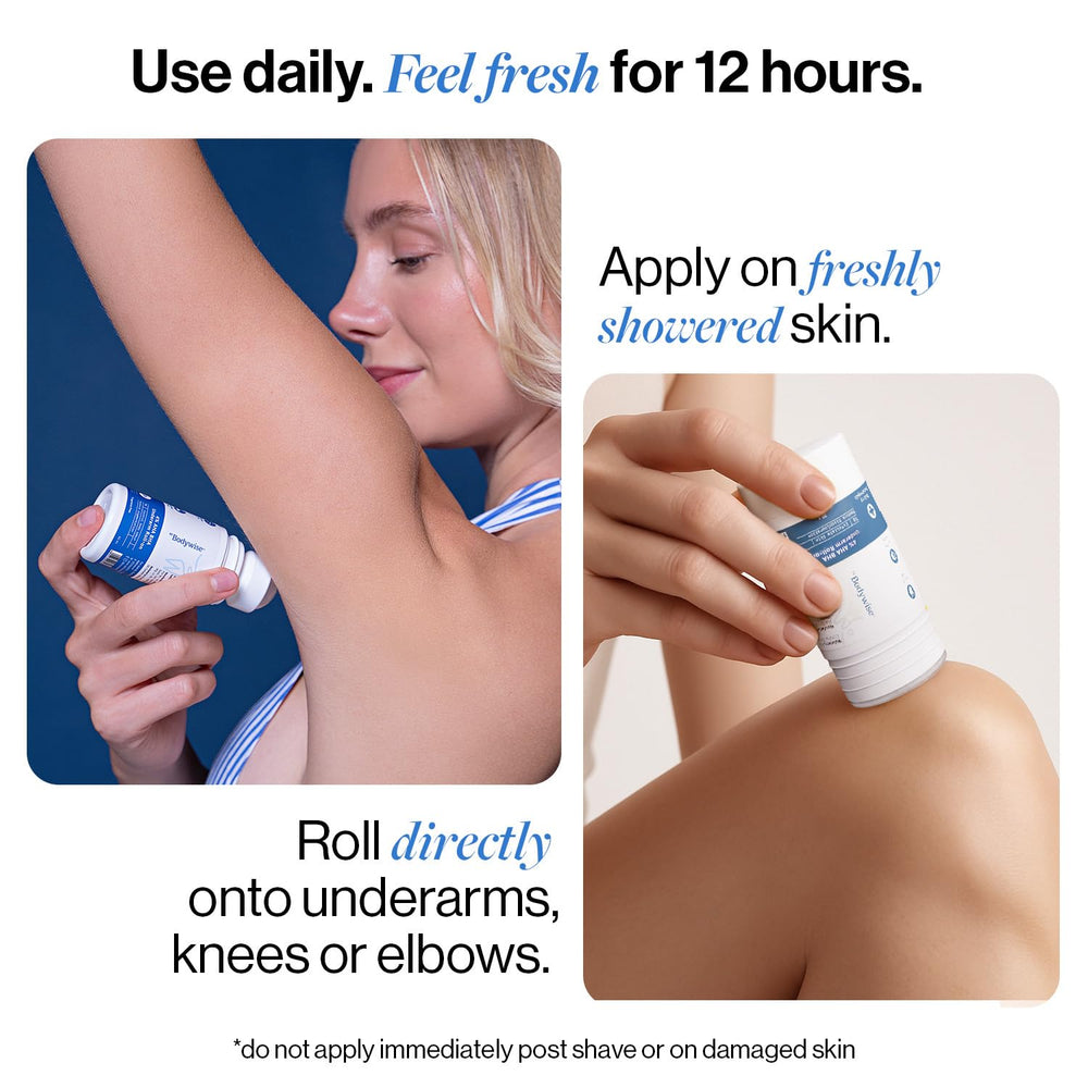 Bodywise Underarm skin care scene captures exfoliation with lactic and salicylic acids.