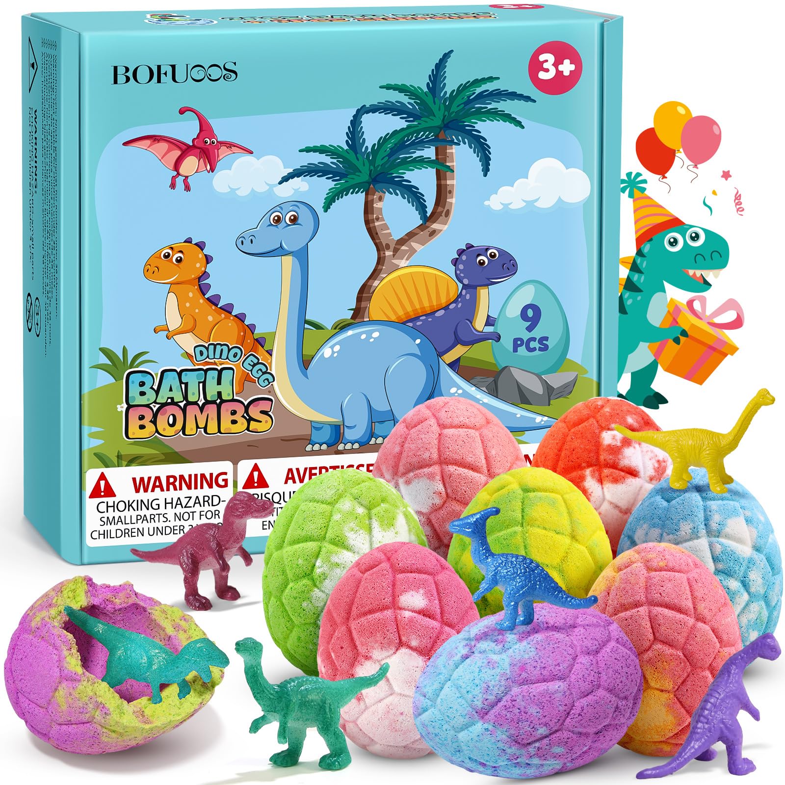 Bofuoos dinosaur bath bombs in rainbow colors for playful, colorful bath-time fun.
