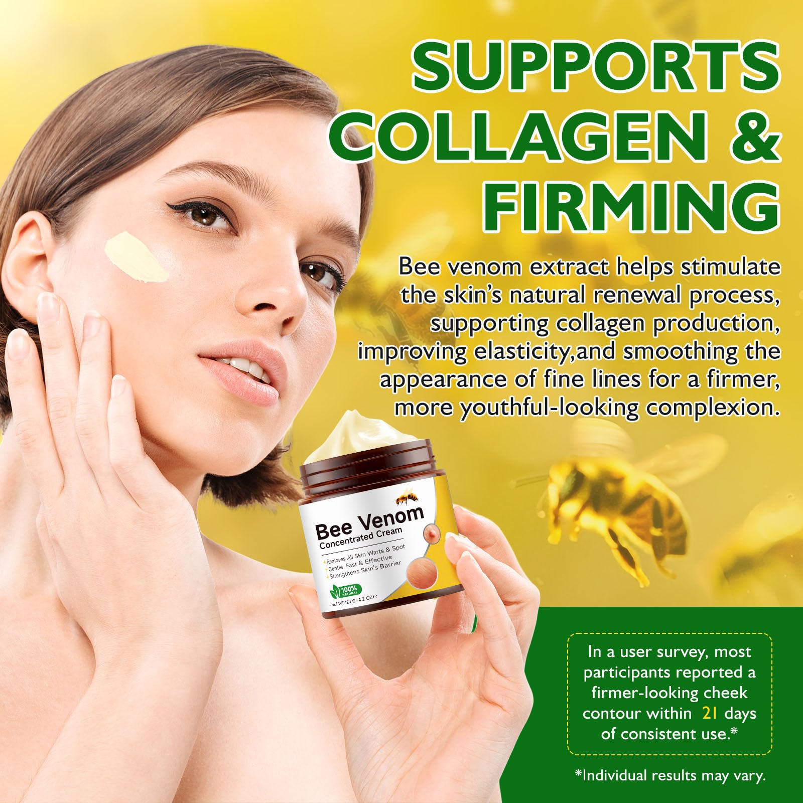 BOIUOITI Bee Venom Cream applied to face, neck, and body for suppleness.