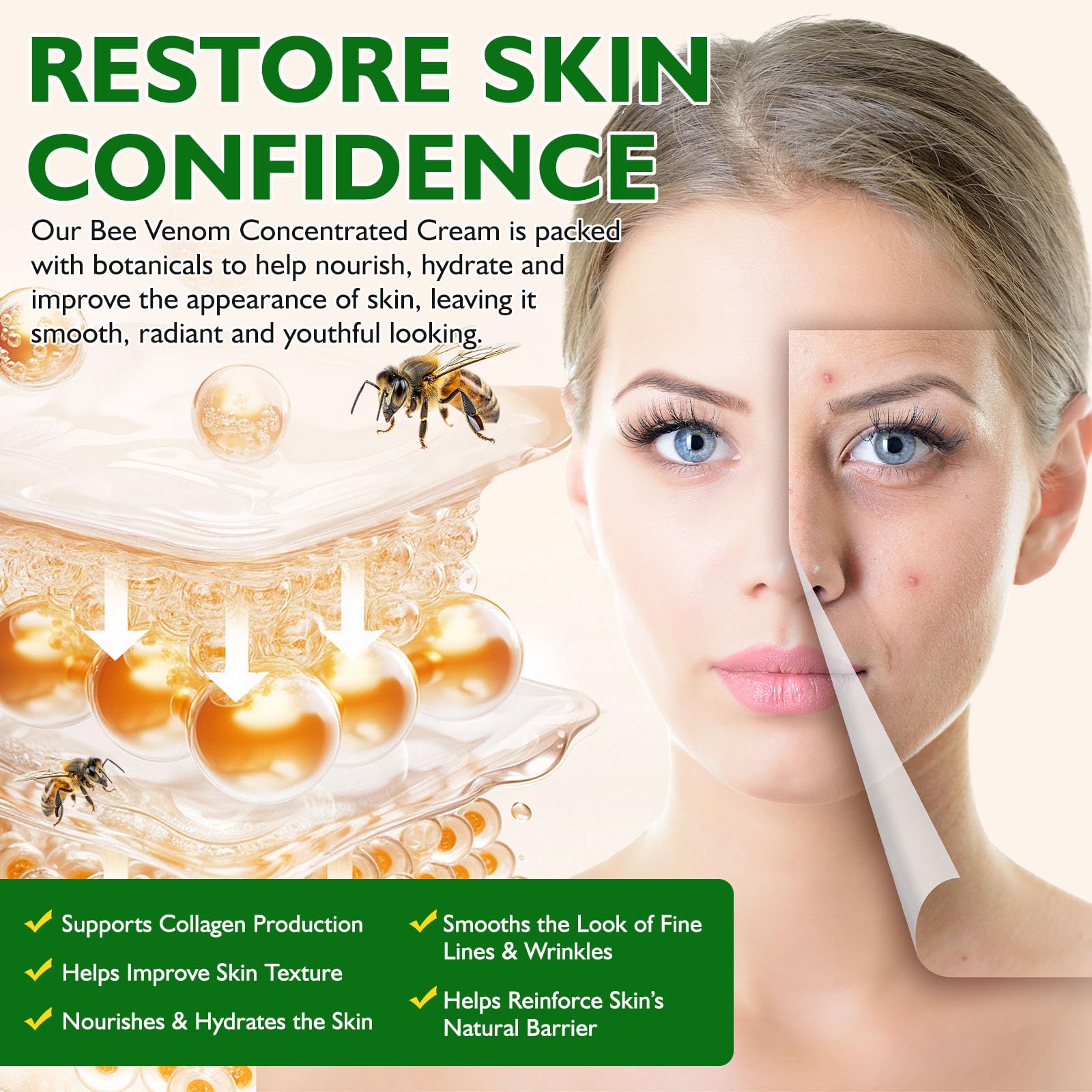 BOIUOITI Bee Venom Cream texture close-up shows silky, fast-absorbing formula.