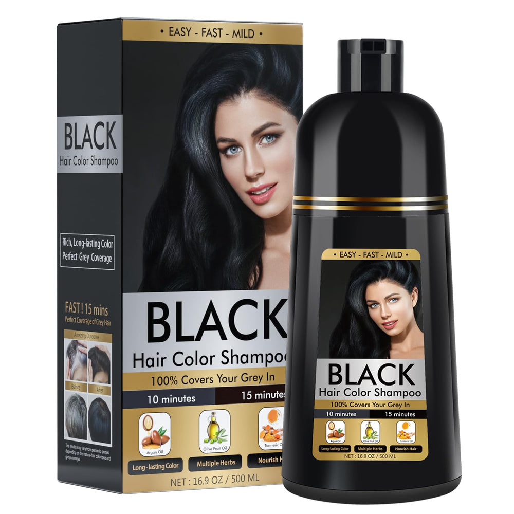 BOJICA Black Hair Dye Shampoo bottle shows 500ml size for easy at-home color application