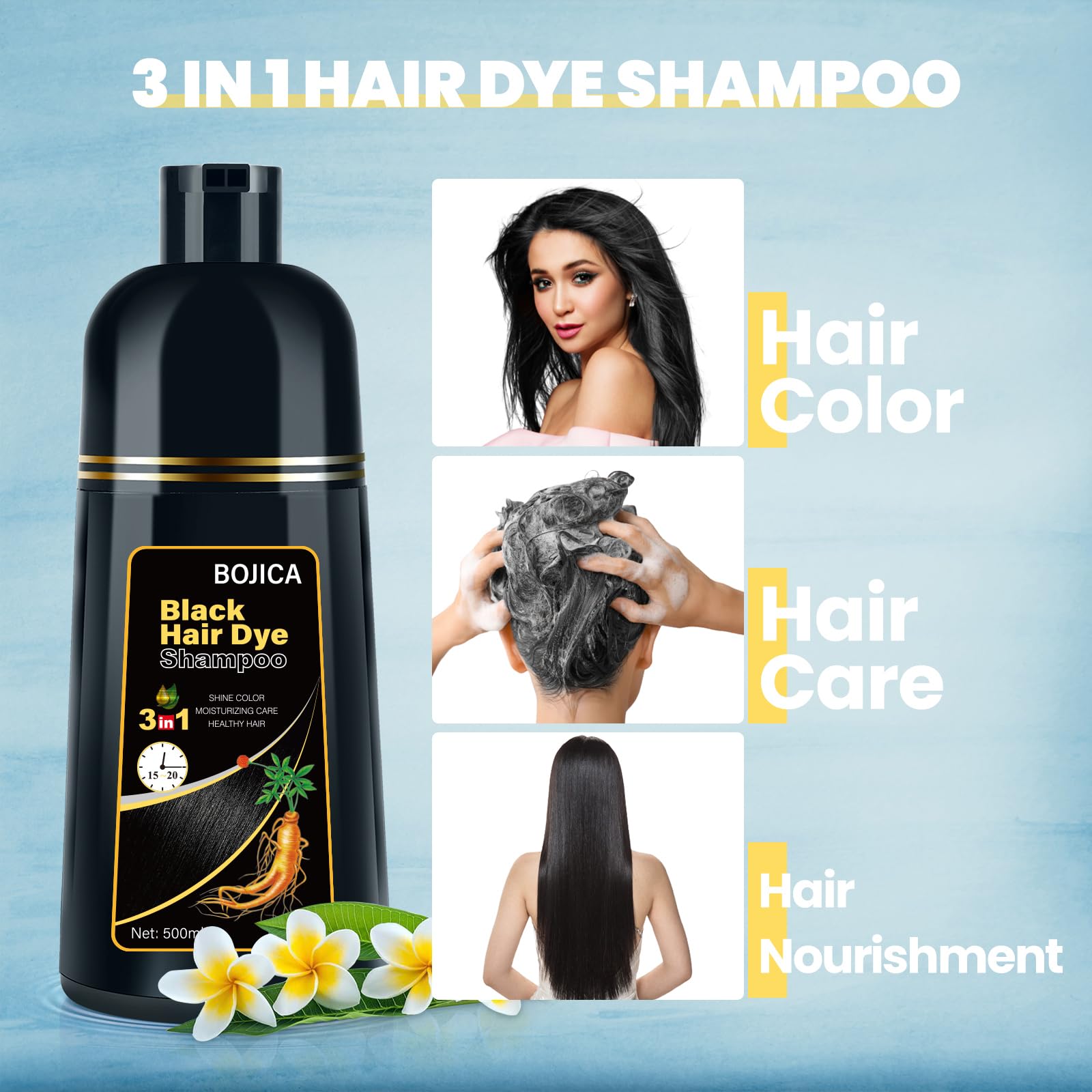 Easy application process of BOJICA Black Hair Dye Shampoo.