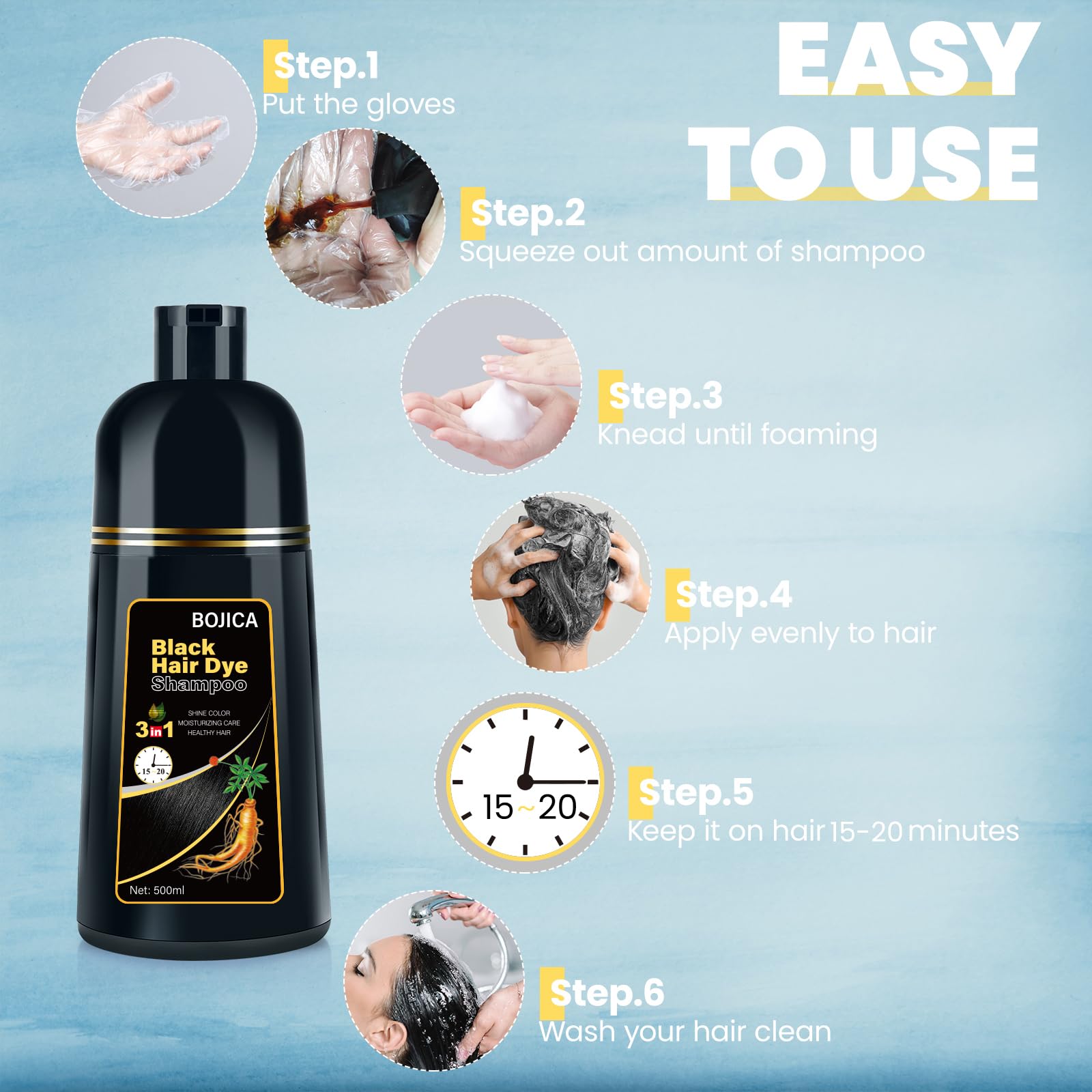 Instructions for using BOJICA hair dye shampoo effectively.