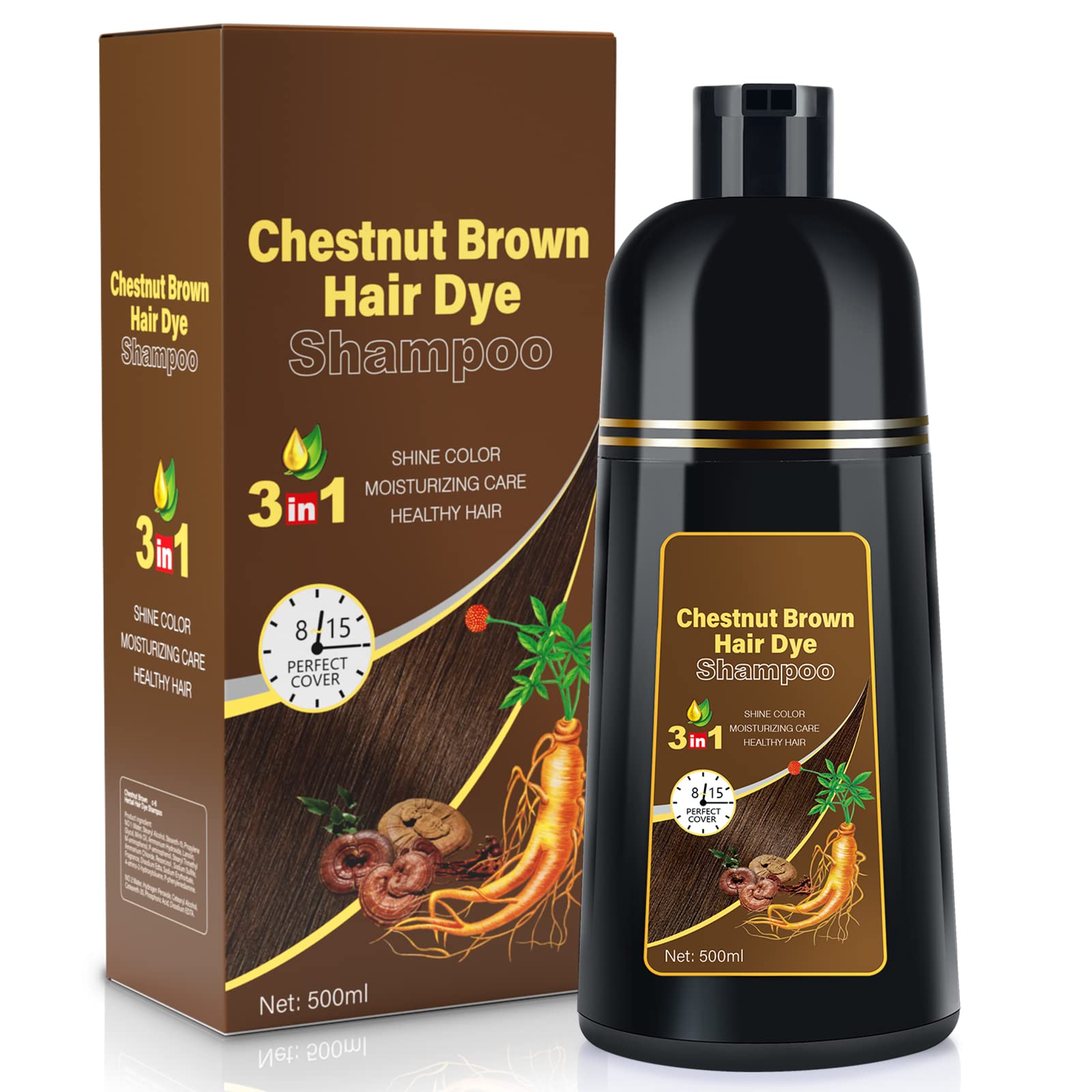 BOJICA Hair Dye Shampoo chestnut brown coverage on dry hair for quick, even results.