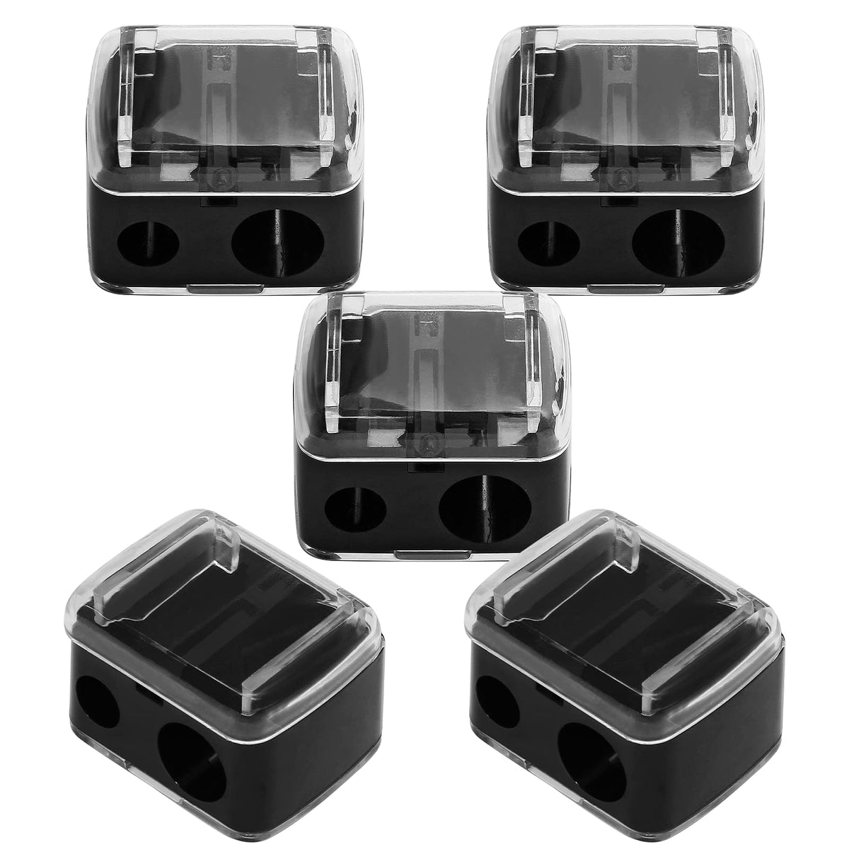 BokWin 5Pcs cosmetic sharpener in black with dual holes for two pencil sizes.