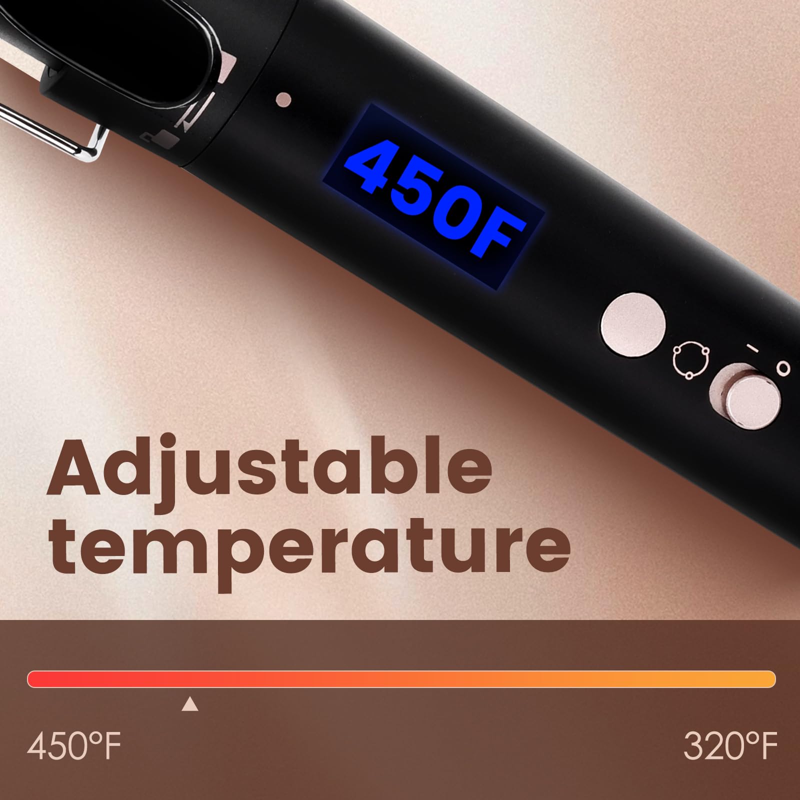 Bo'laiya rose gold wand temperature display demonstrates precise heat control for safe styling.