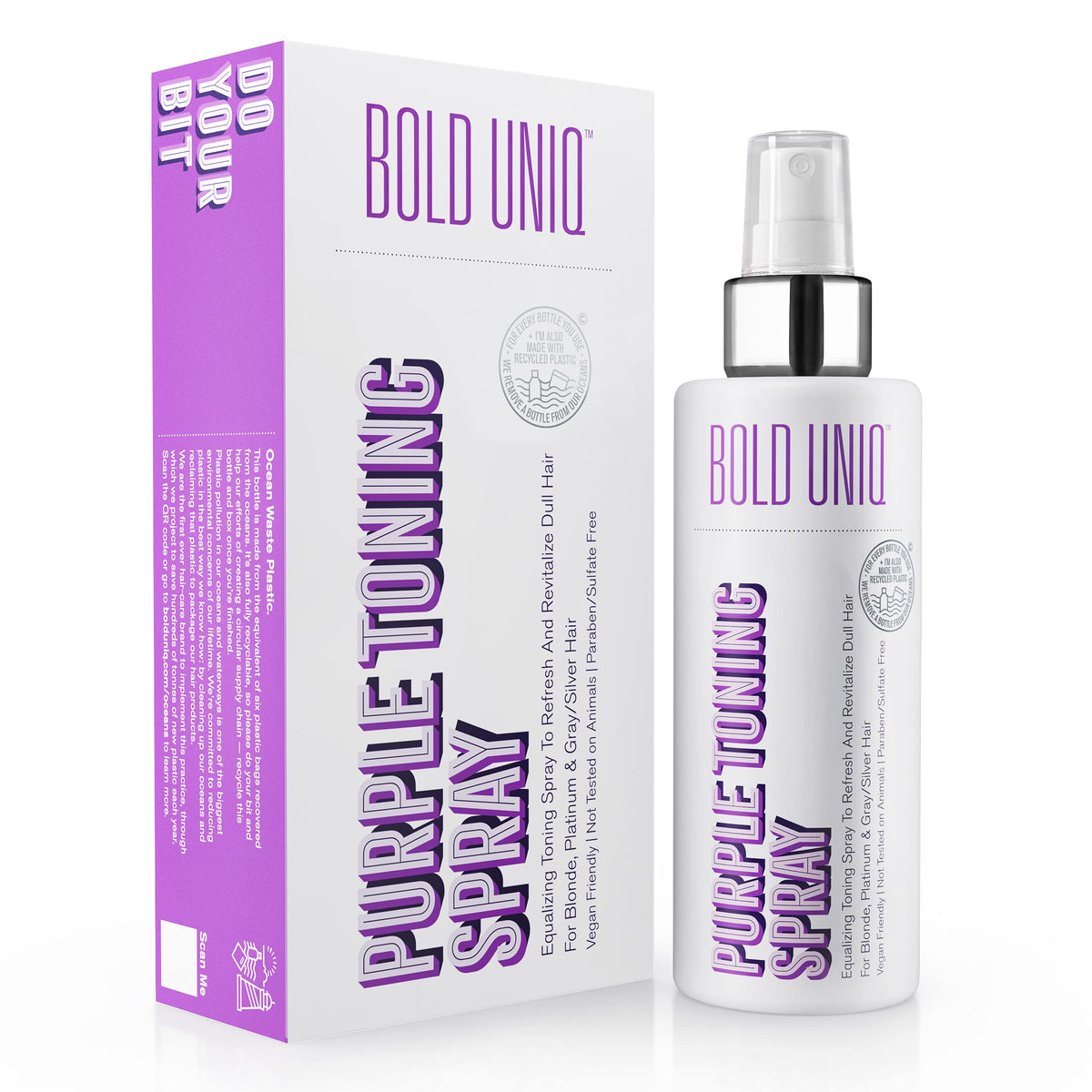 Bold Uniq Blonde Toner Spray bottle targets brassy tones for cooler blonde results.