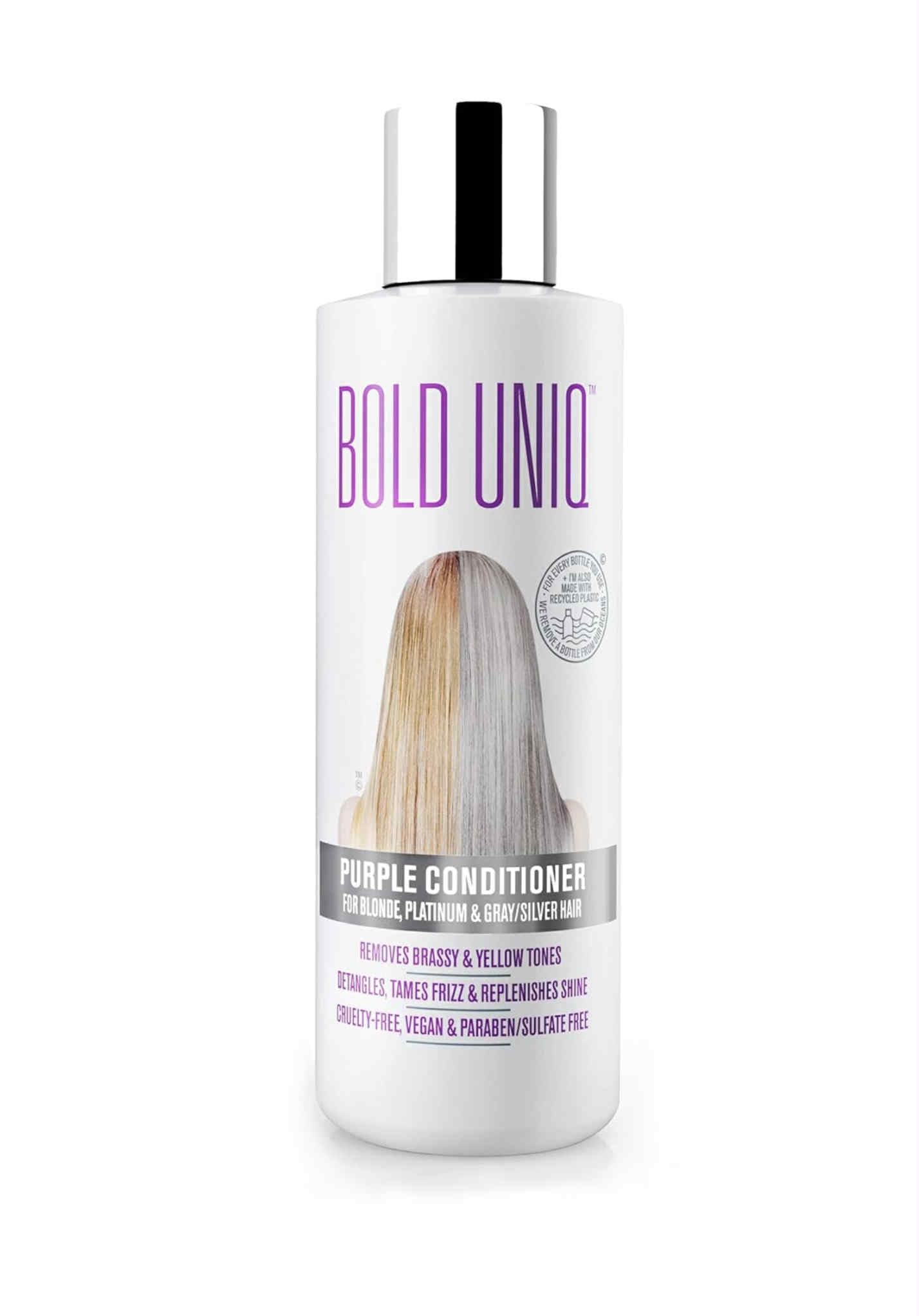 BOLD UNIQ Purple Conditioner bottle close-up neutralizing brass on blonde hair.