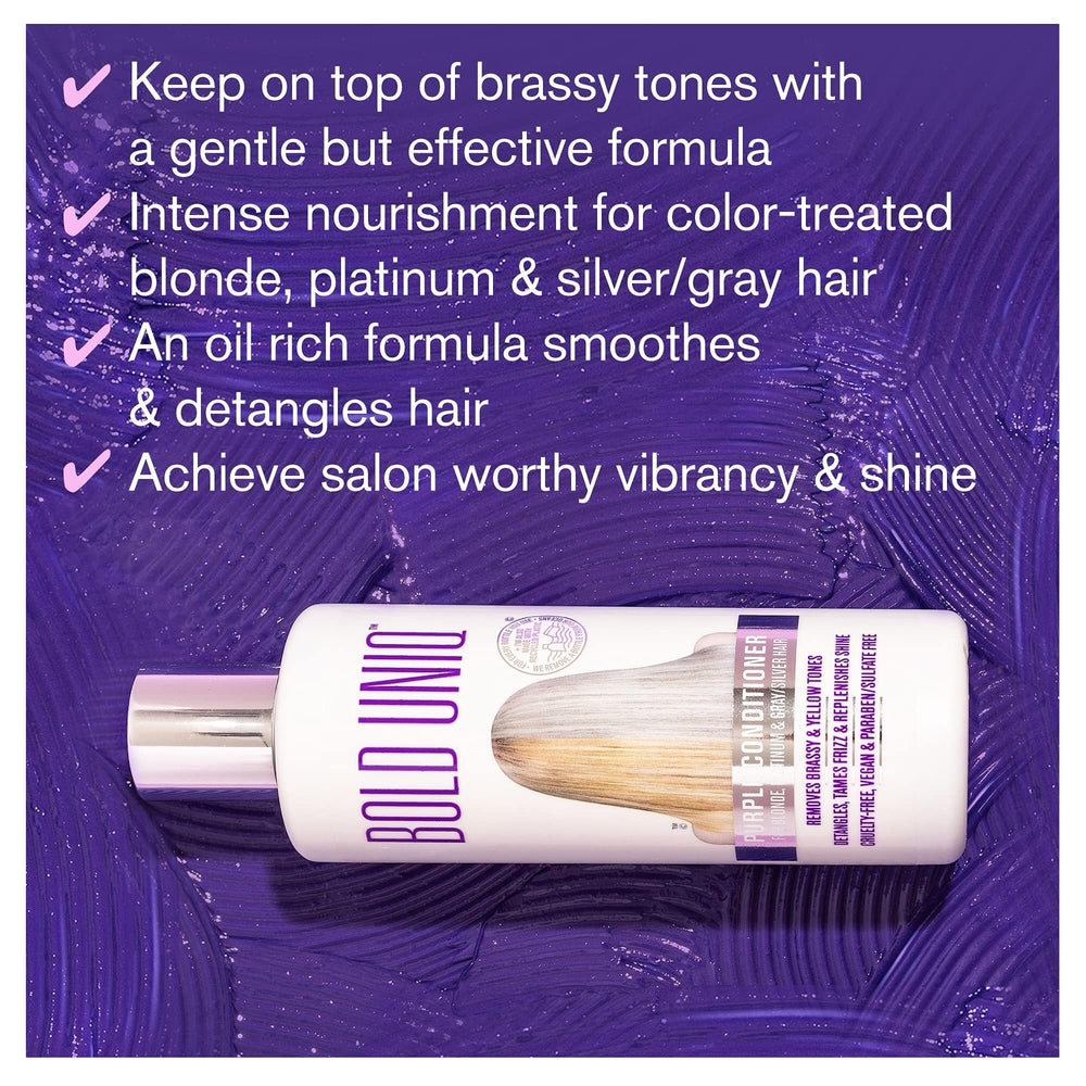BOLD UNIQ Purple Conditioner being applied to hair for detangling and moisture.