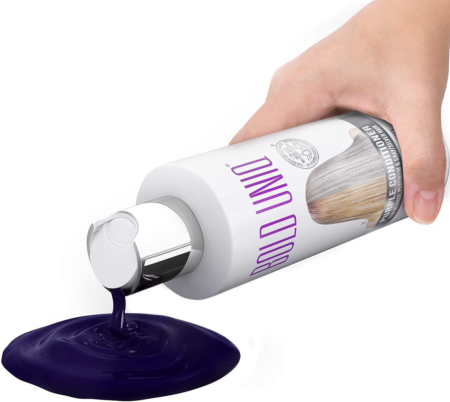 BOLD UNIQ Purple Conditioner swatch counteracting yellow tones for platinum hair.