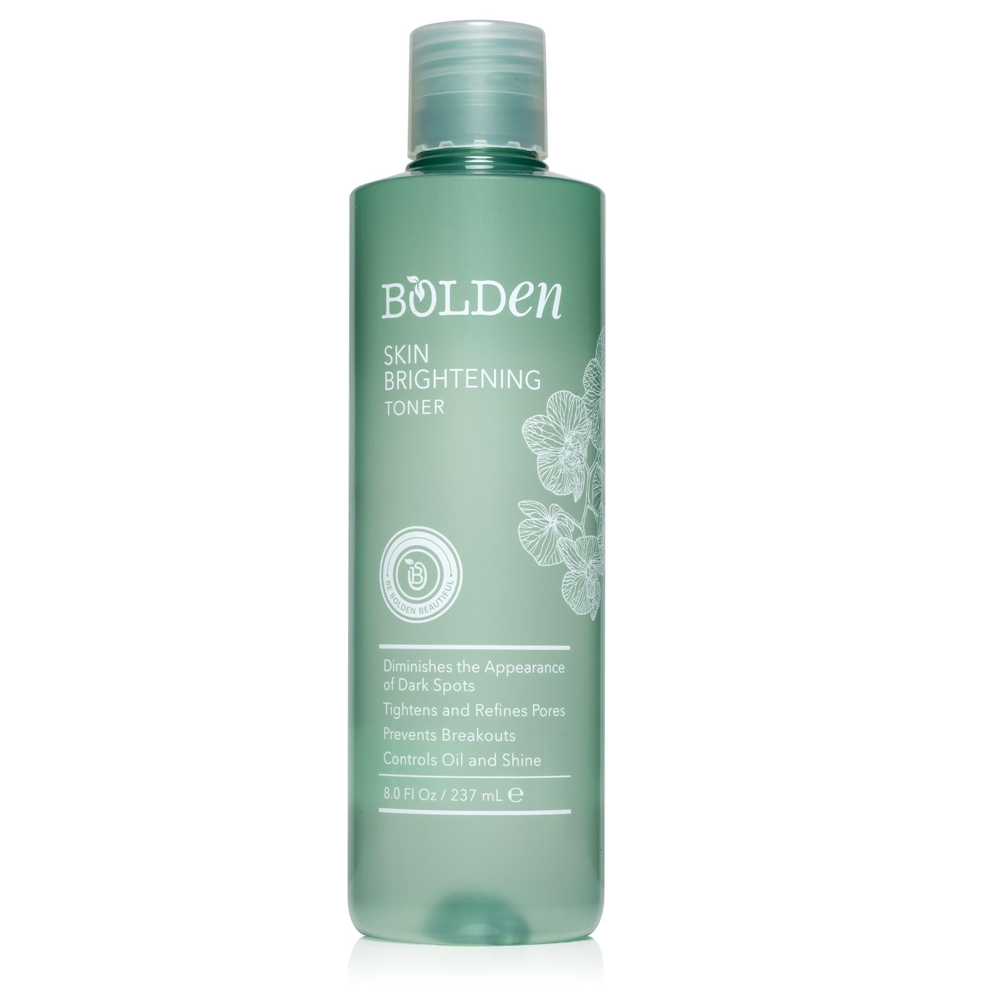 Bolden skin-brightening toner bottle closeup targets dark spots for brighter skin.
