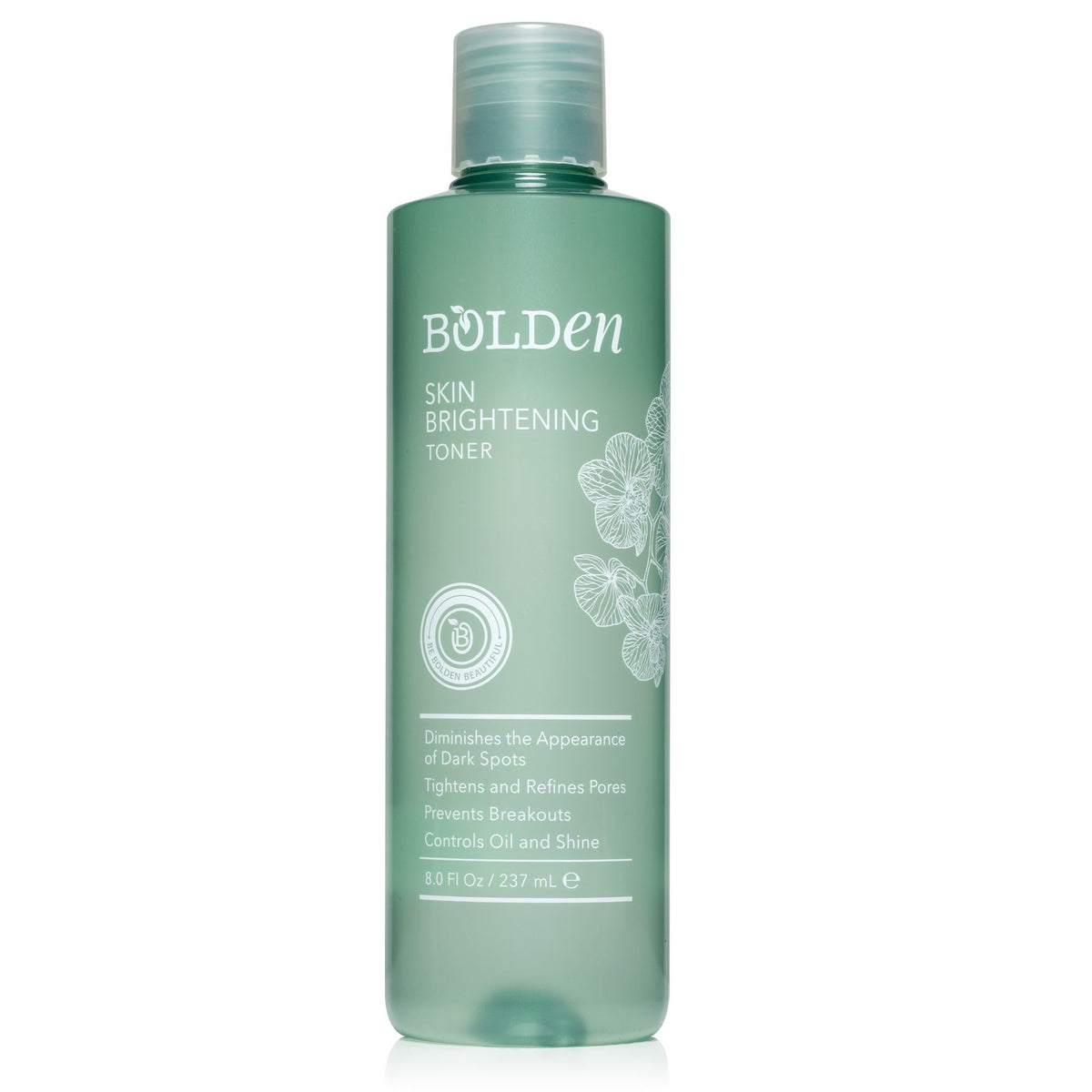 Bolden skin-brightening toner bottle closeup targets dark spots for brighter skin.