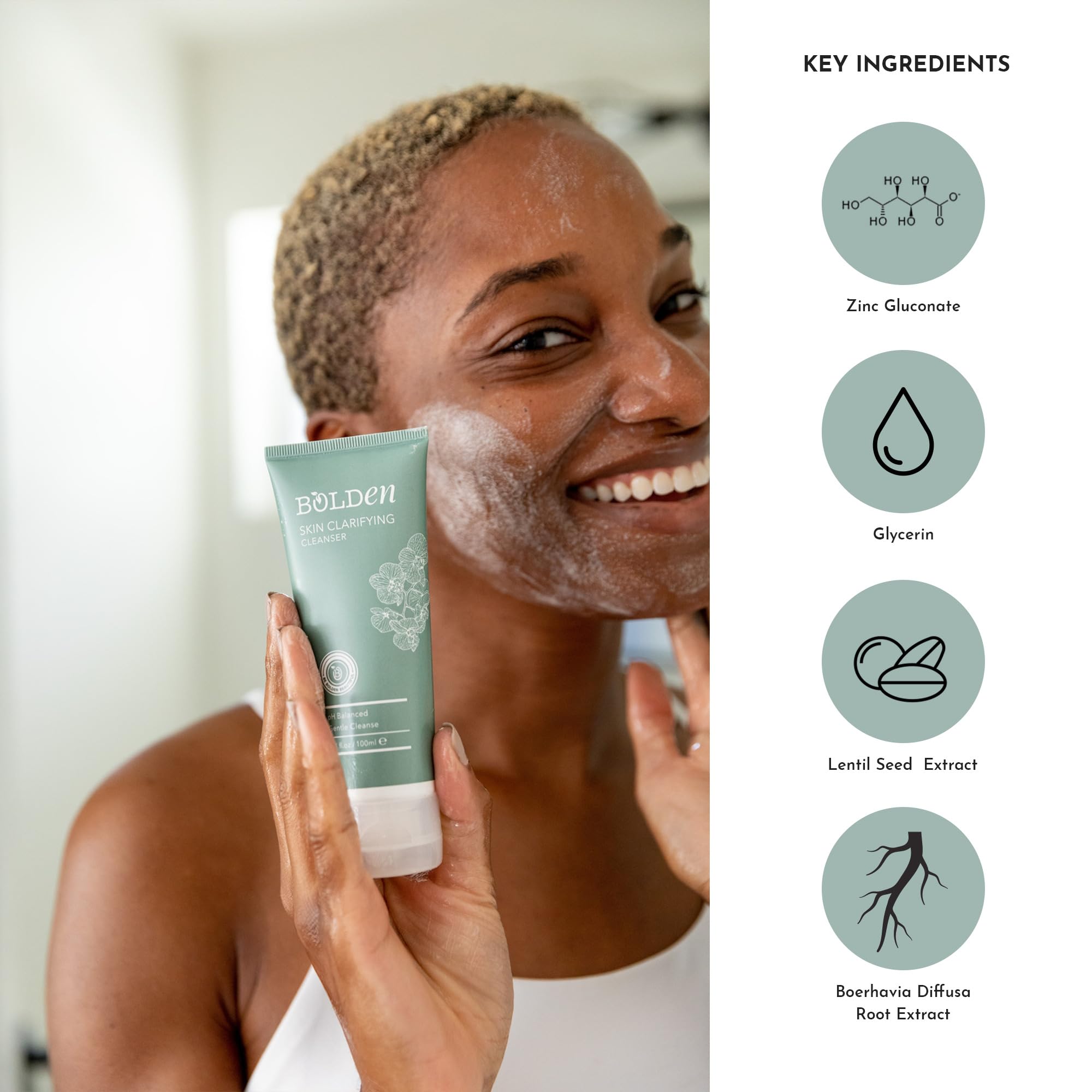 Bolden Skin Clarifying Cleanser zinc gluconate balances oil without over-drying