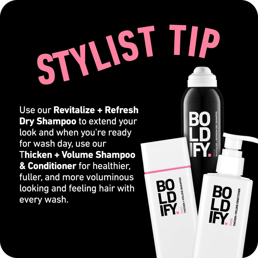 Boldify dry shampoo instant refresh enhances hair appearance with lift.