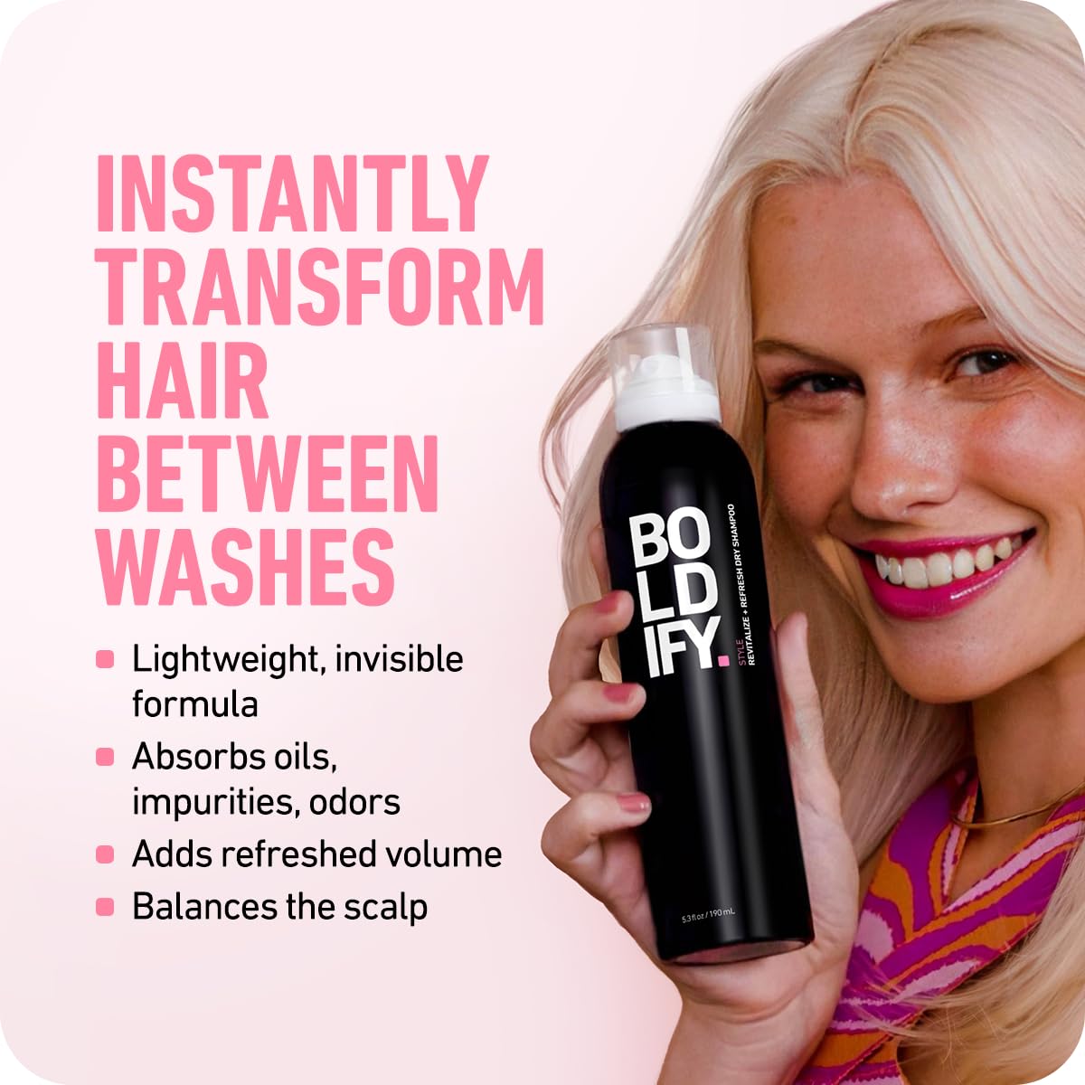 Boldify dry shampoo spray shows lightweight powder dispersion for easy application.