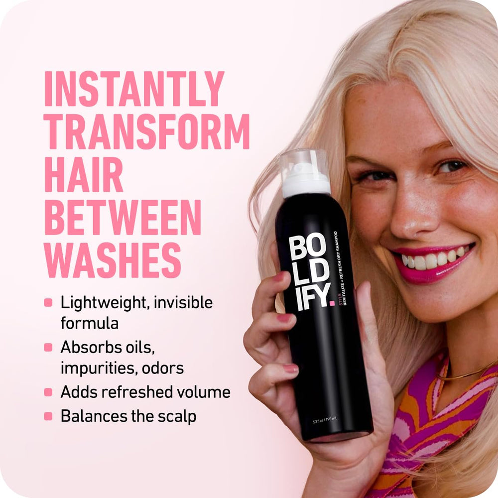 Boldify dry shampoo spray shows lightweight powder dispersion for easy application.