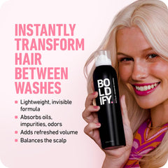 Boldify dry shampoo spray shows lightweight powder dispersion for easy application.