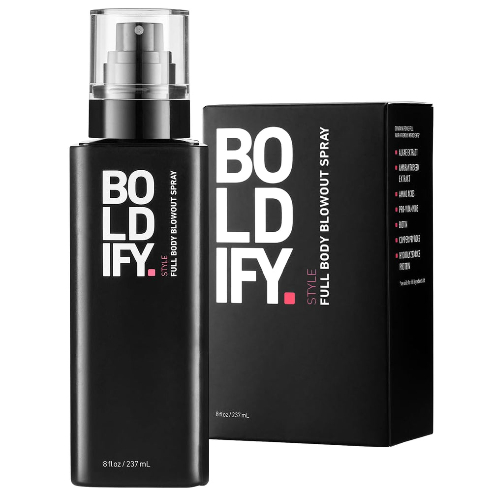 Boldify Full Body Blowout Spray bottle close-up showing mega-volume potential