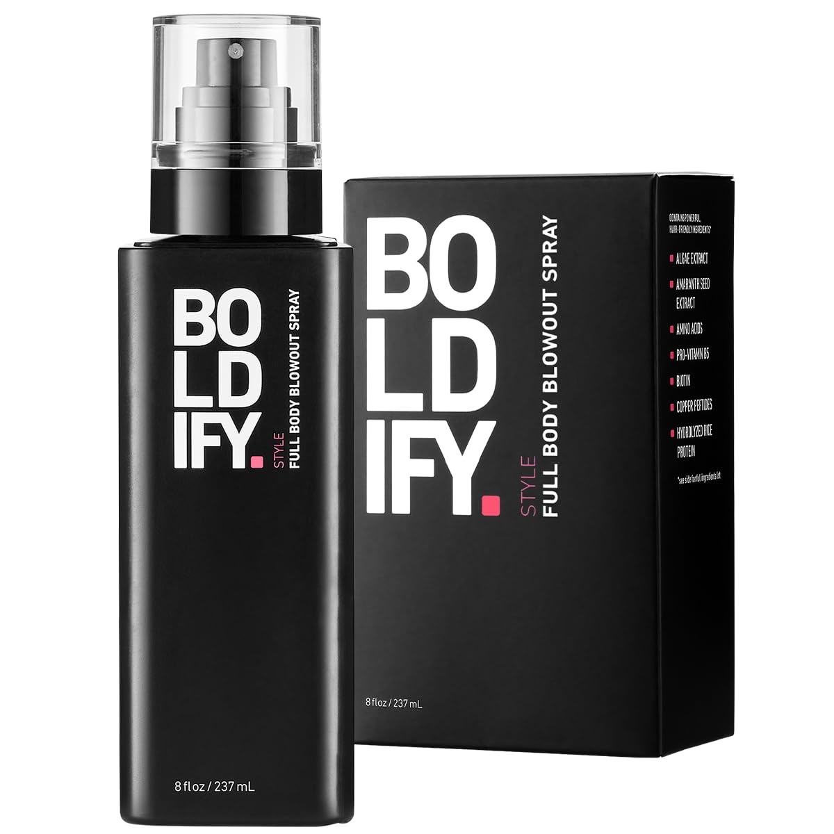 Boldify Full Body Blowout Spray bottle close-up showing mega-volume potential