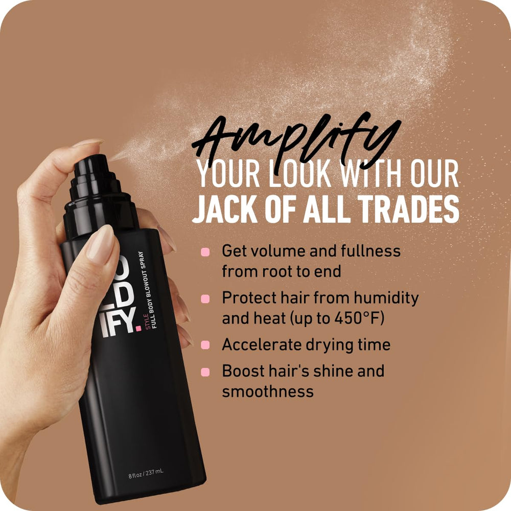 Boldify Full Body Blowout Spray graphic illustrating reduced drying time