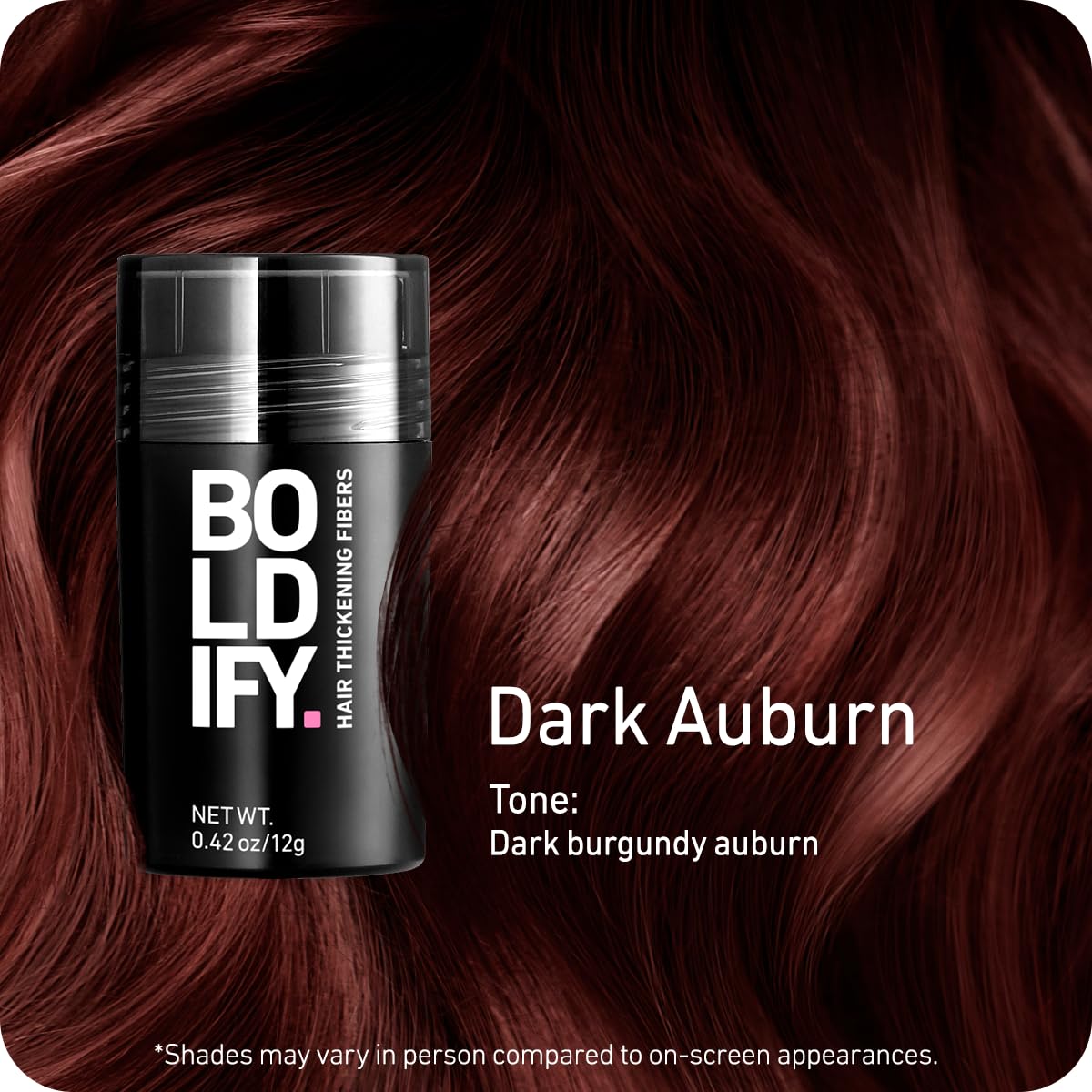 Boldify Hair Fibers (12g) root coverage close-up shows natural blend.