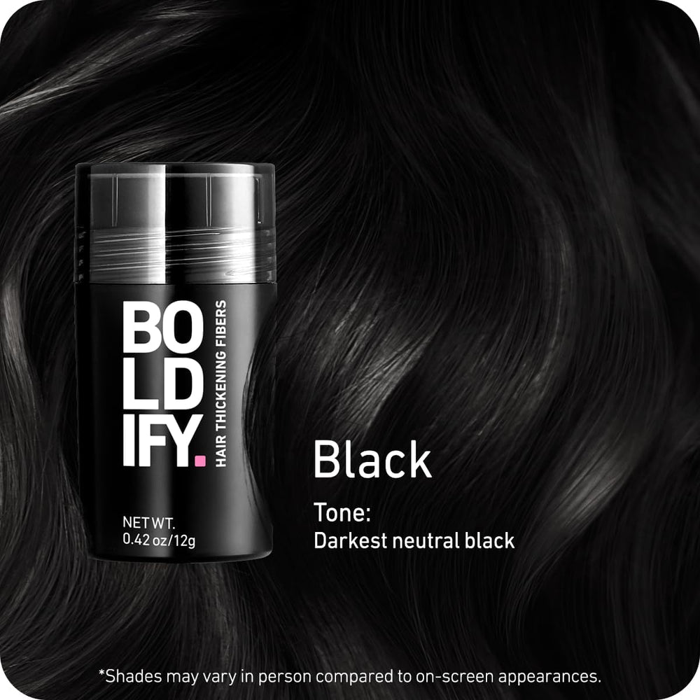 Boldify hair fibers color swatches showing 14 shades for precise matching.