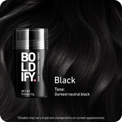 Boldify hair fibers color swatches showing 14 shades for precise matching.