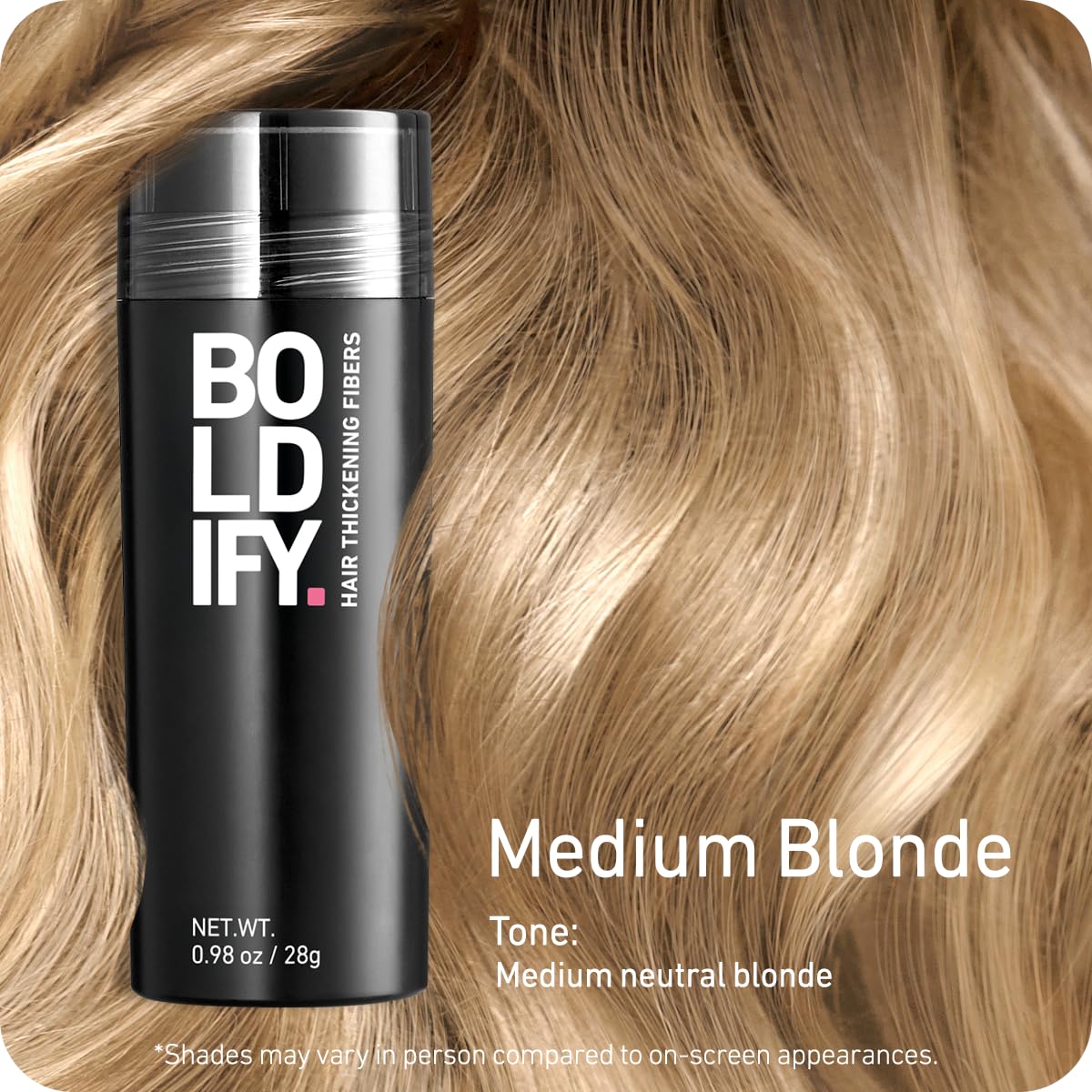 Boldify Hair Fibers close-up reveals mineral colorants blending with hair.