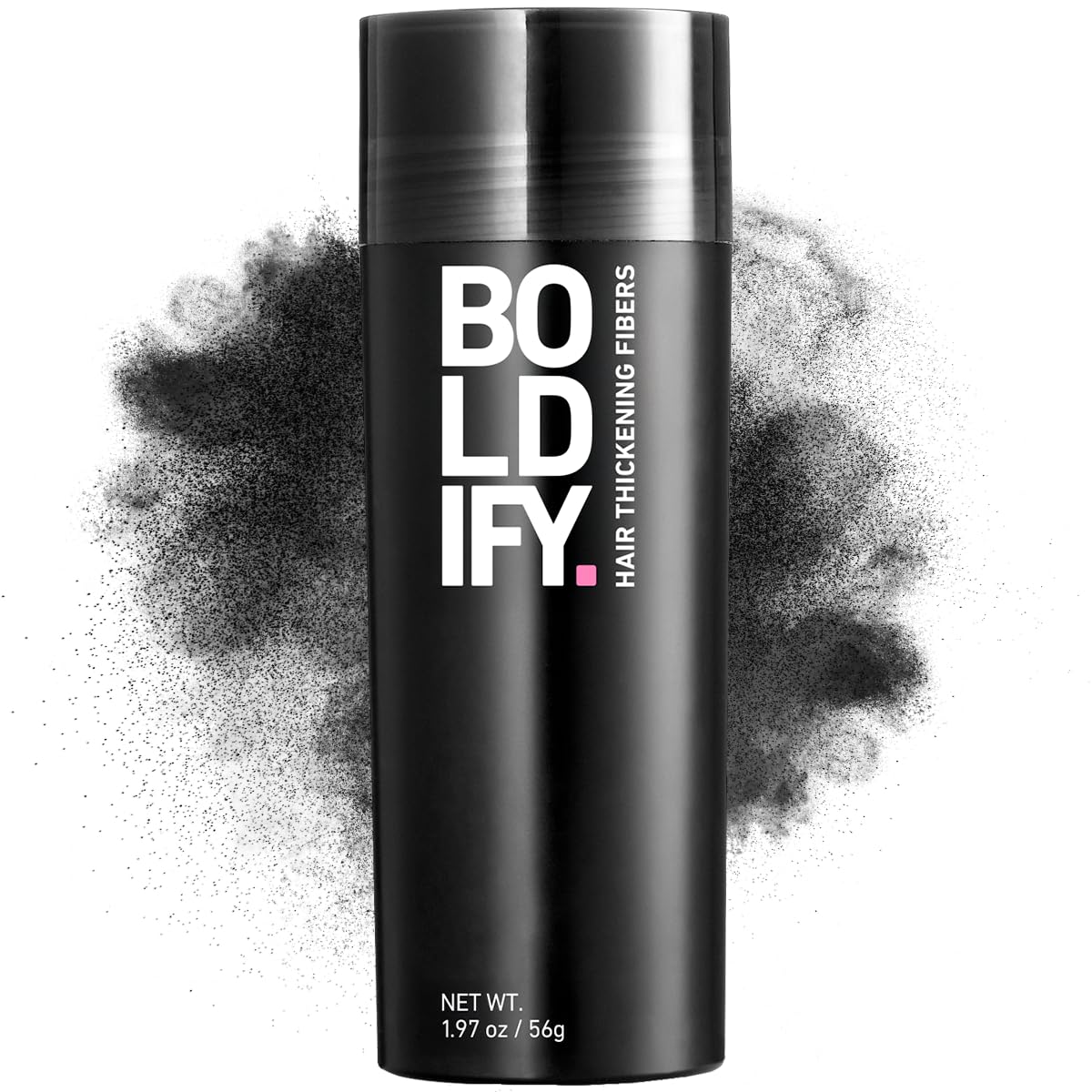 Boldify Hair Fibers 56g being dispensed for fuller hair effect.