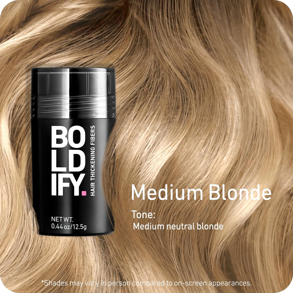Boldify Hair Fibers being shaken over thinning crown area for natural-looking fullness.