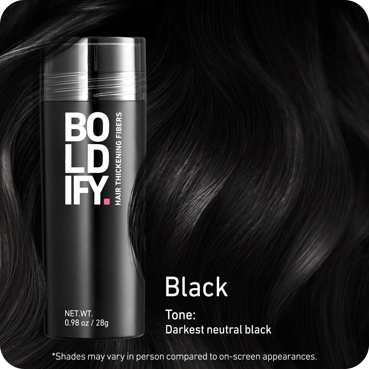 Boldify Hair Fibers application shot highlights easy, mess-free usage.