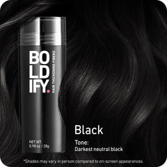 Boldify Hair Fibers application shot highlights easy, mess-free usage.