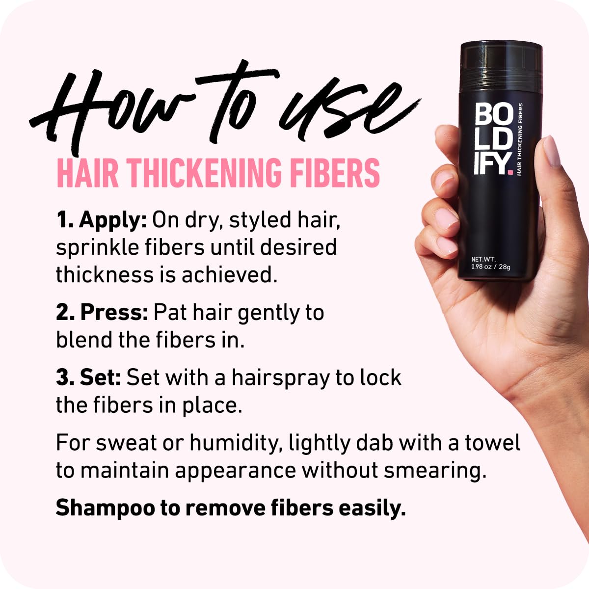 Boldify Hair Fibers on clean dry hair ready to apply.
