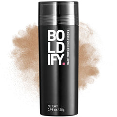 Boldify Hair Fibers packaging highlights 28g bottle and shade options for instant root coverage.